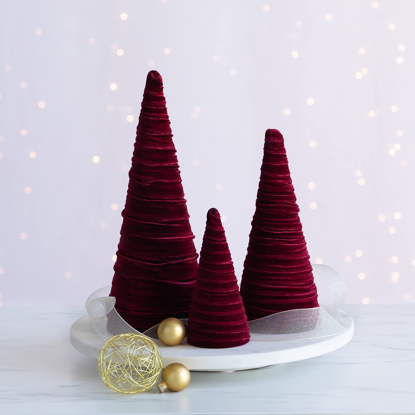 Set of 3 Burgundy Velvet Trees, Jewel Tone Mantel Decor, Luxurious Bookshelf, Holiday Party Accents, Valentine Tabletop, Elegant Charm, Cozy Gift for (Burgundy)