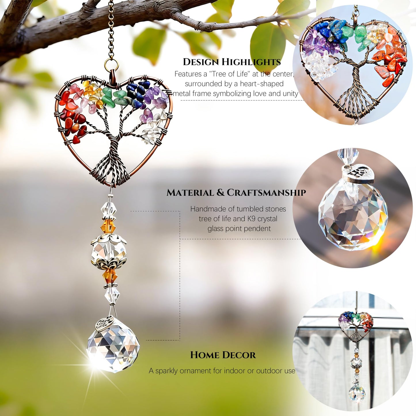 H&D HYALINE & DORA Suncatcher Window Hanging Tree of Life Heart Shaped Crystal Ball Prism Drop Pendant