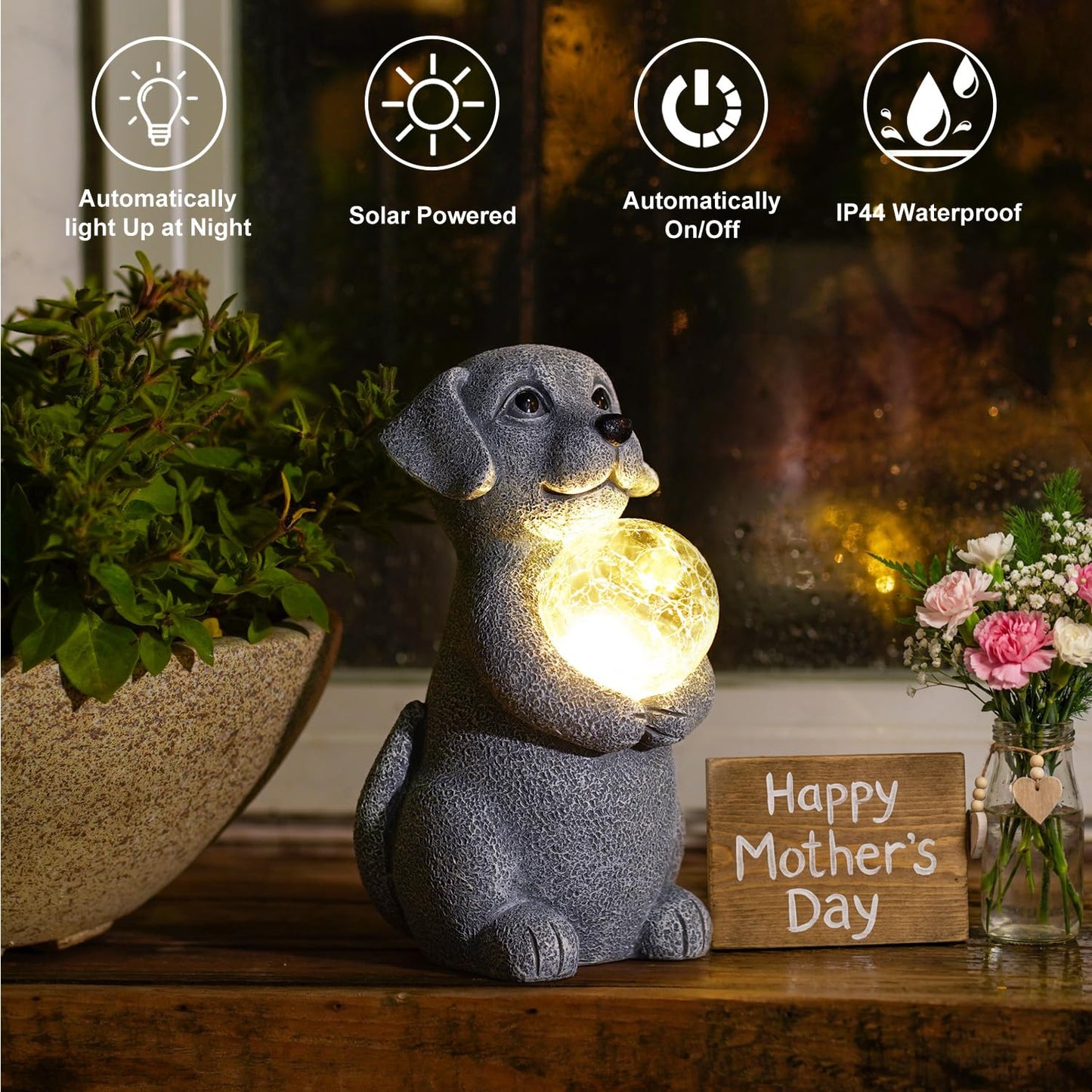 Tiejiajiang Dog Garden Statues - 8.4 Dog Decor with Gazing Ball LED Lights, Unique Gifts for Mom Grandma Birthdays, Outdoor Decor for Outside Lawn Porch Patio (Gray)