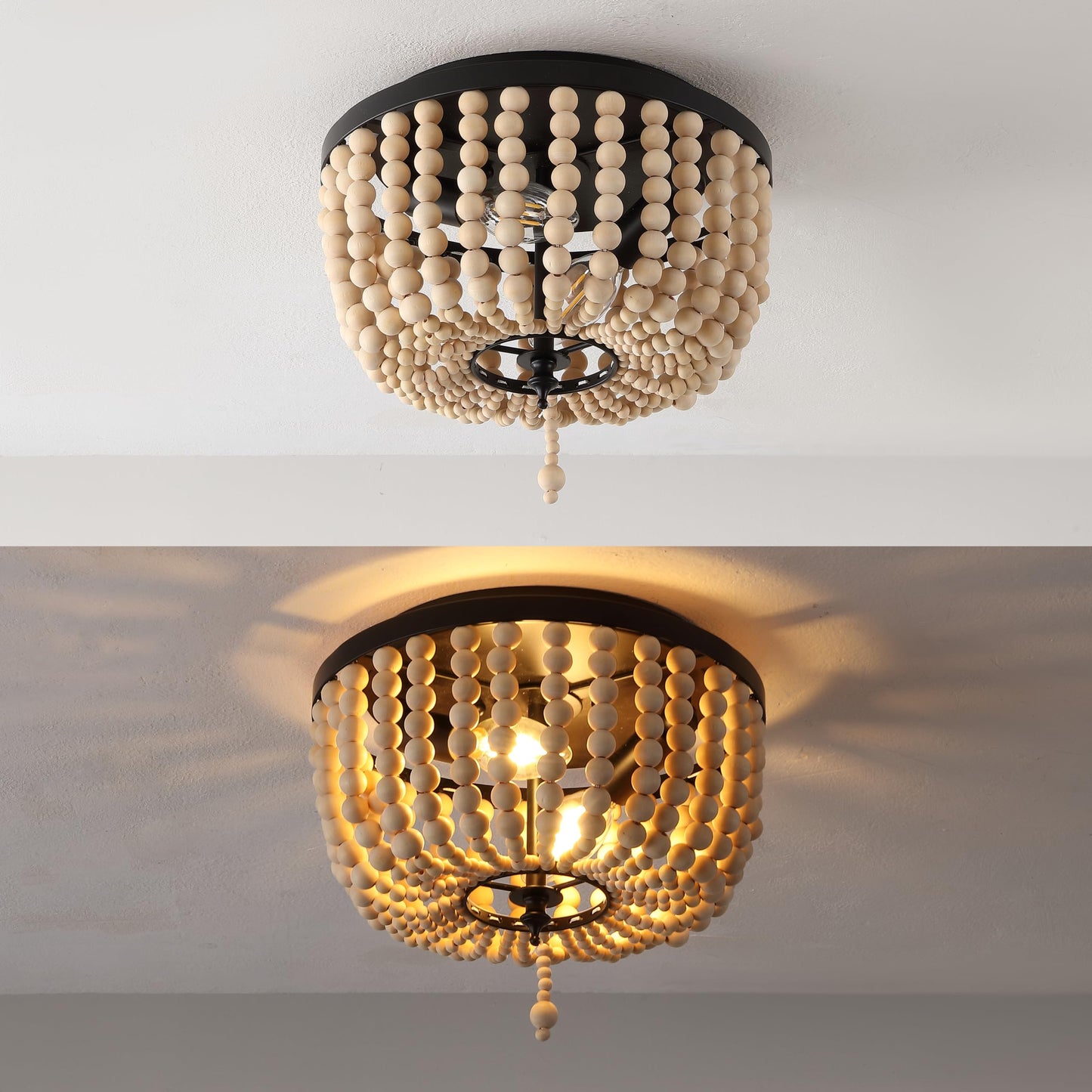 JONATHAN Y 10" Black/Cream Allison 2-Light LED Flush Mount Ceiling Light for Bedroom, Wood Beaded Shade Shabby Chic Farmhouse Rustic Decor, LED Bulbs Included (JYL9074B)