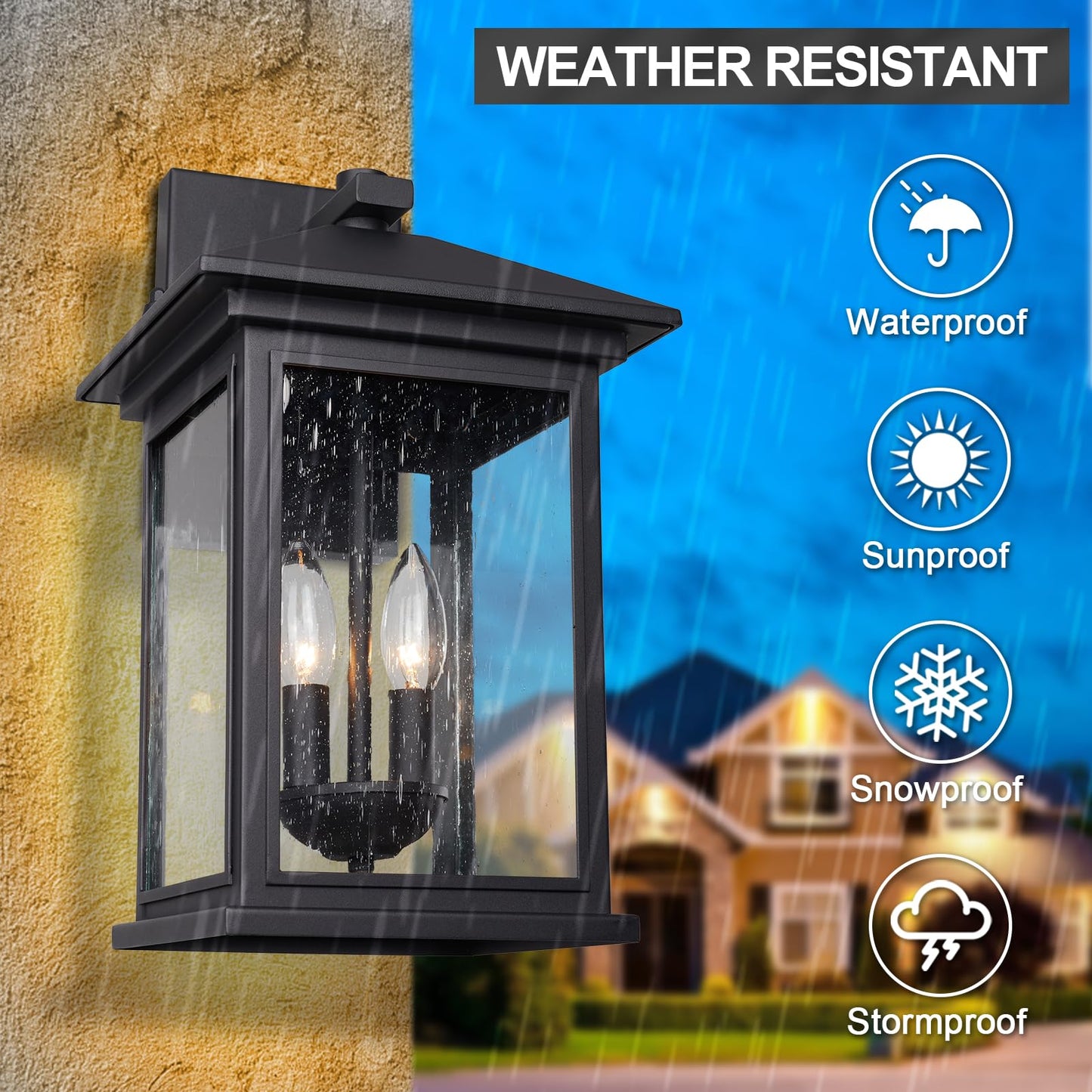 Treekee Outdoor Wall Light Fixtures, 16 Inch Waterproof Square Lanterns, 2-Light Exterior Porch Sconces Lighting with Seeded Glass Shade, Modern Black Lamps for Patio Front Door Entryway