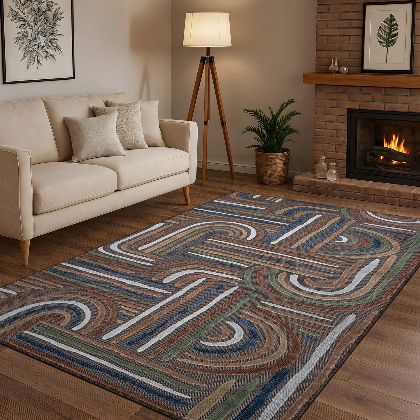 CAMILSON Indoor Outdoor Rug, Brown 5x7 Geometric Arch Striped Area Rugs for Patio and Home Areas, Easy-Cleaning Non-Shedding Living Room, Garden and Deck Washable Outside Carpet (5 x 7)