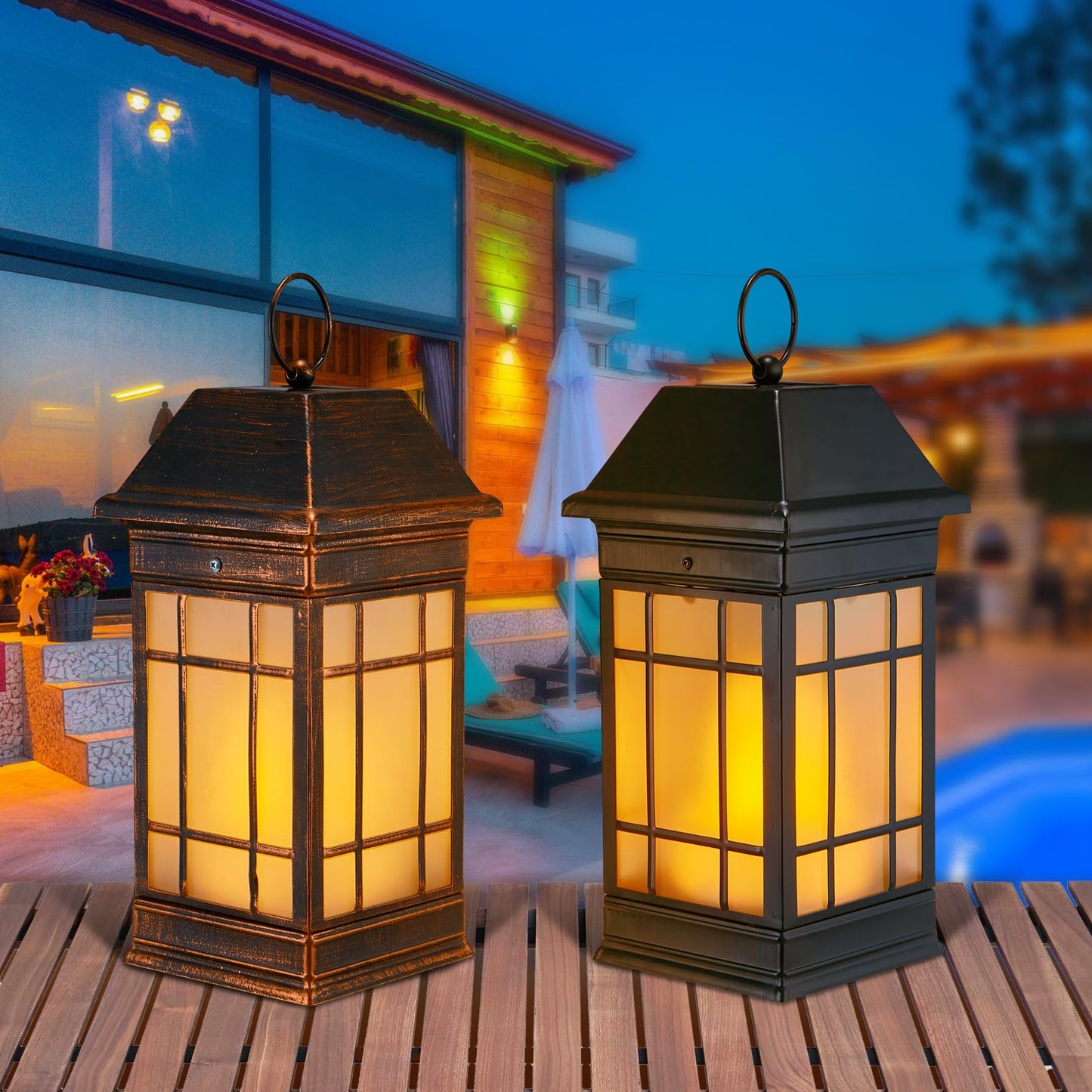 anyperfect 15.5" Solar Lantern Outdoor Waterproof, Glass Flickering Flame Solar Lanterns, Hanging Metal Lantern Decorative for Patio Front Porch Garden Backyard Tabletop Party Decoration