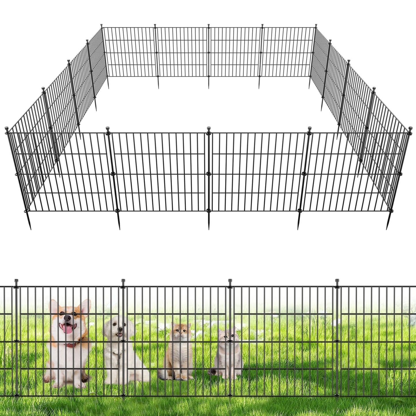 10 Panels No Dig Decorative Outdoor Garden Fence for Yard, 24 in(H) X 20 ft(L) Animal Barrier Fencing Rustproof Metal Wire Panel Border for Dog, Rabbits, and Patio Temporary Ground Stakes