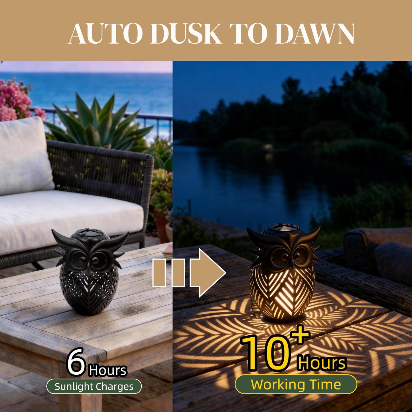 Hanging Owl Solar Lantern, Outdoor Waterproof Metal Solar Lights with Palm Leaf Shadow, Decorative Garden Lanterns for Yard Art Patio Decor, Whimsical Gifts for Women, Black