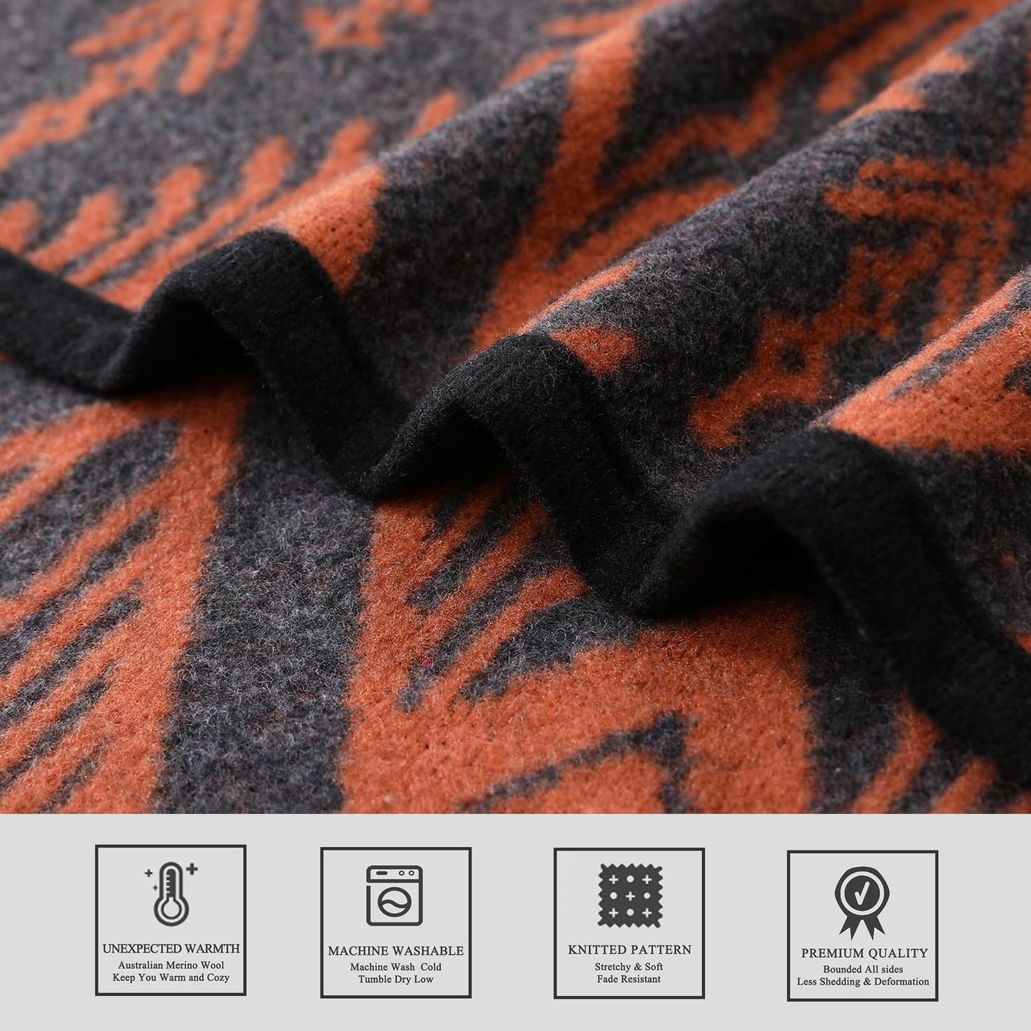 PuTian Merino Wool Blanket - 4 lbs Warm, Thick, Washable, Large 87" x 63" Throw for Outdoors, Camping, Couch, Bed, Travel - Super Soft - Bohemia Orange