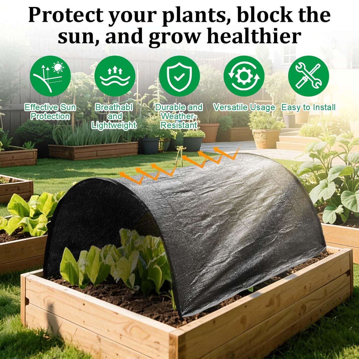 Upgraded 4x2x1Ft Raised Garden Bed Sun Shade Kit – 70% Black Shade Cloth Plant Sunblock Cover with 7mm Thicker Foldable Fiberglass Poles, Pre-Assembled Tunnel with Stakes & Fixed Ropes for Raised Bed