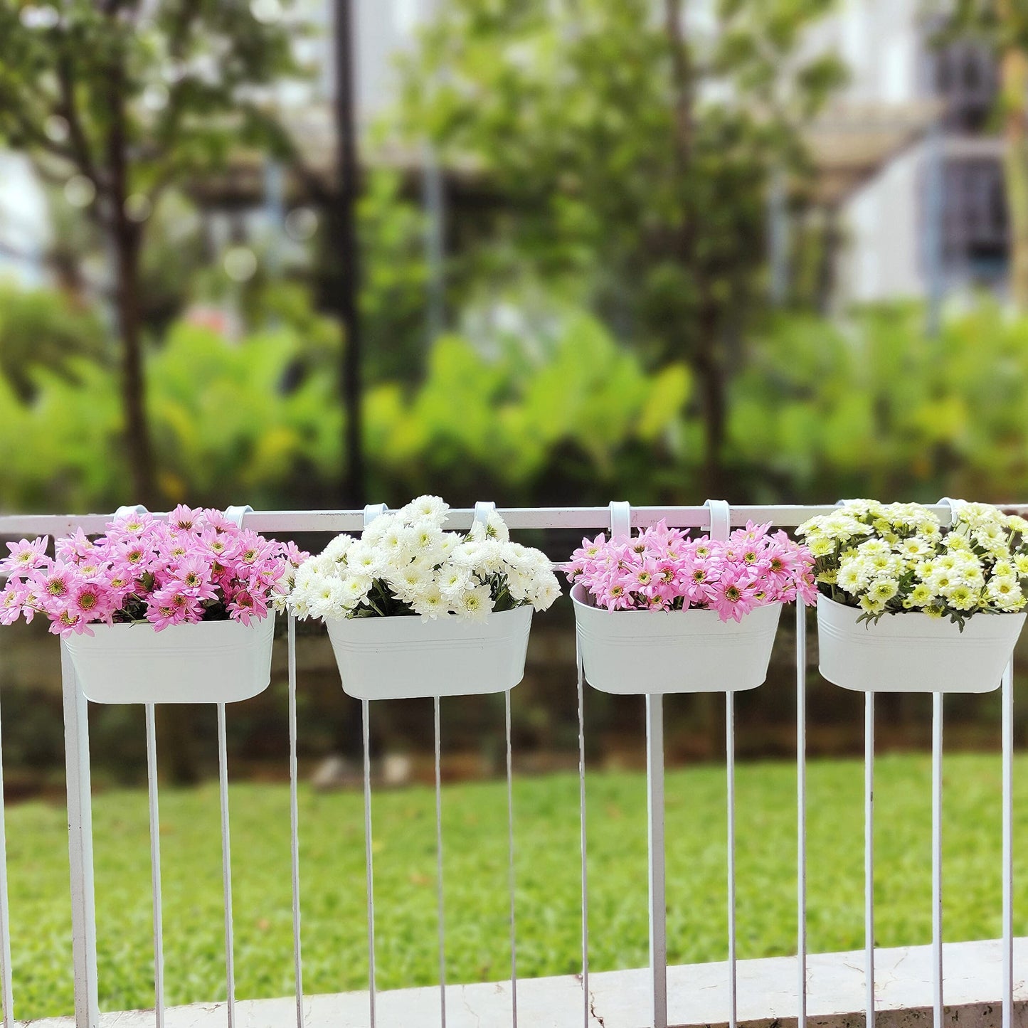 Maxona Metal Iron Hanging Flower Pots, 4 Pack, 9.8 Inch Oval White Railing Fence Hanging Bucket Pots Countryside Style Window Flower Plant Holder with Detachable Hooks Home Décor