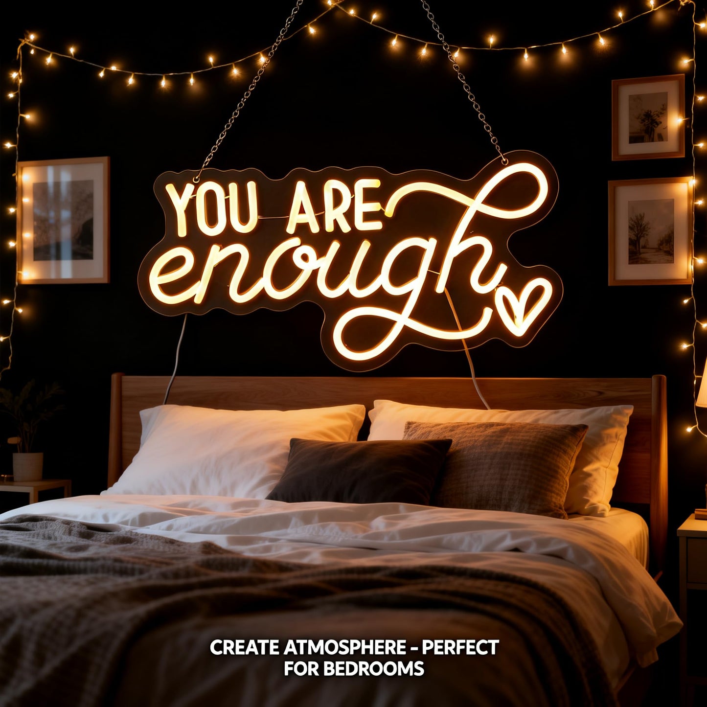 You Are Enough Neon Sign, Self Love Neon Light with Floral Decor, Motivational Wall Art for Bedroom, Therapy Office Decor, Mental Health Awareness Gift, USB Dimmable (16.5"x8.3")