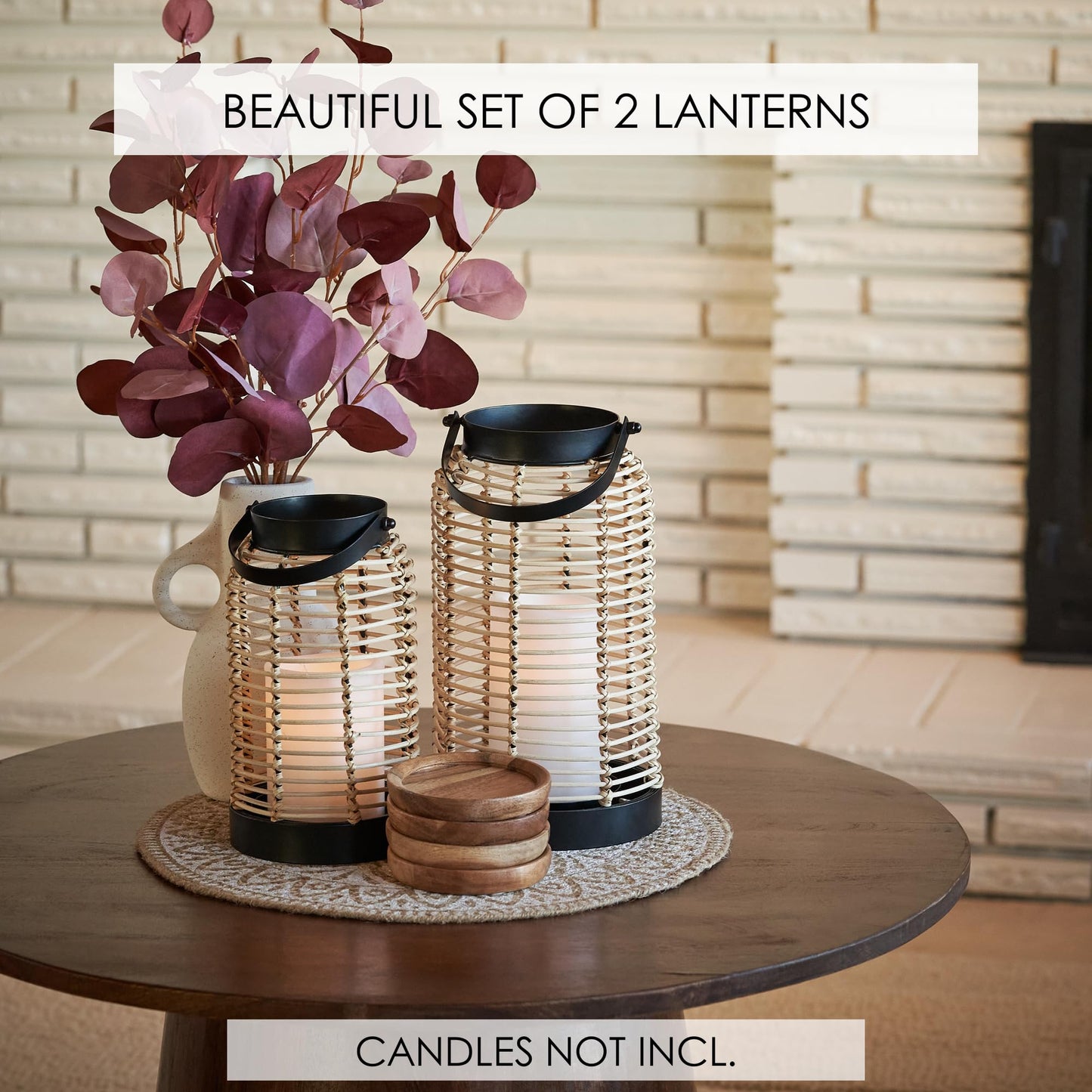 Natural Rattan Boho Lanterns - Handcrafted Chic Decor to Enhance Your Home - Modern Farmhouse Beauty Perfect for Any Living Room, Patio & Porch, Indoor and Outdoor Coffee Table or Kitchen Dining Table