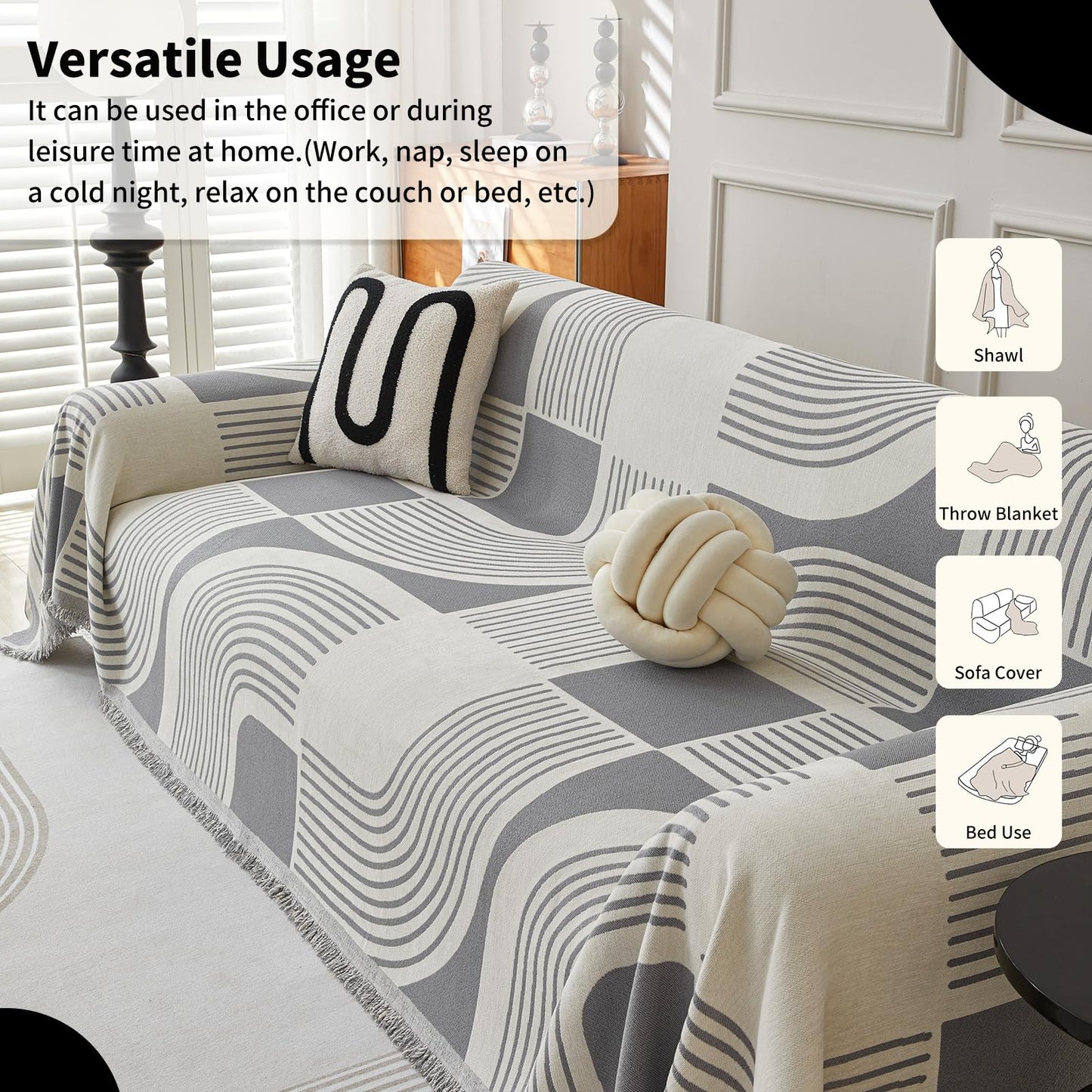 WEYOND Boho Couch Cover Sofa Covers Washable, Chenille Couch Covers for 3 Cushion Couch Sofa Pet Friendly, Bohemian Sofa Slipcovers for Sectional Sofa, Loveseat, 2 3 4 Seater (71" x 102", Grey)