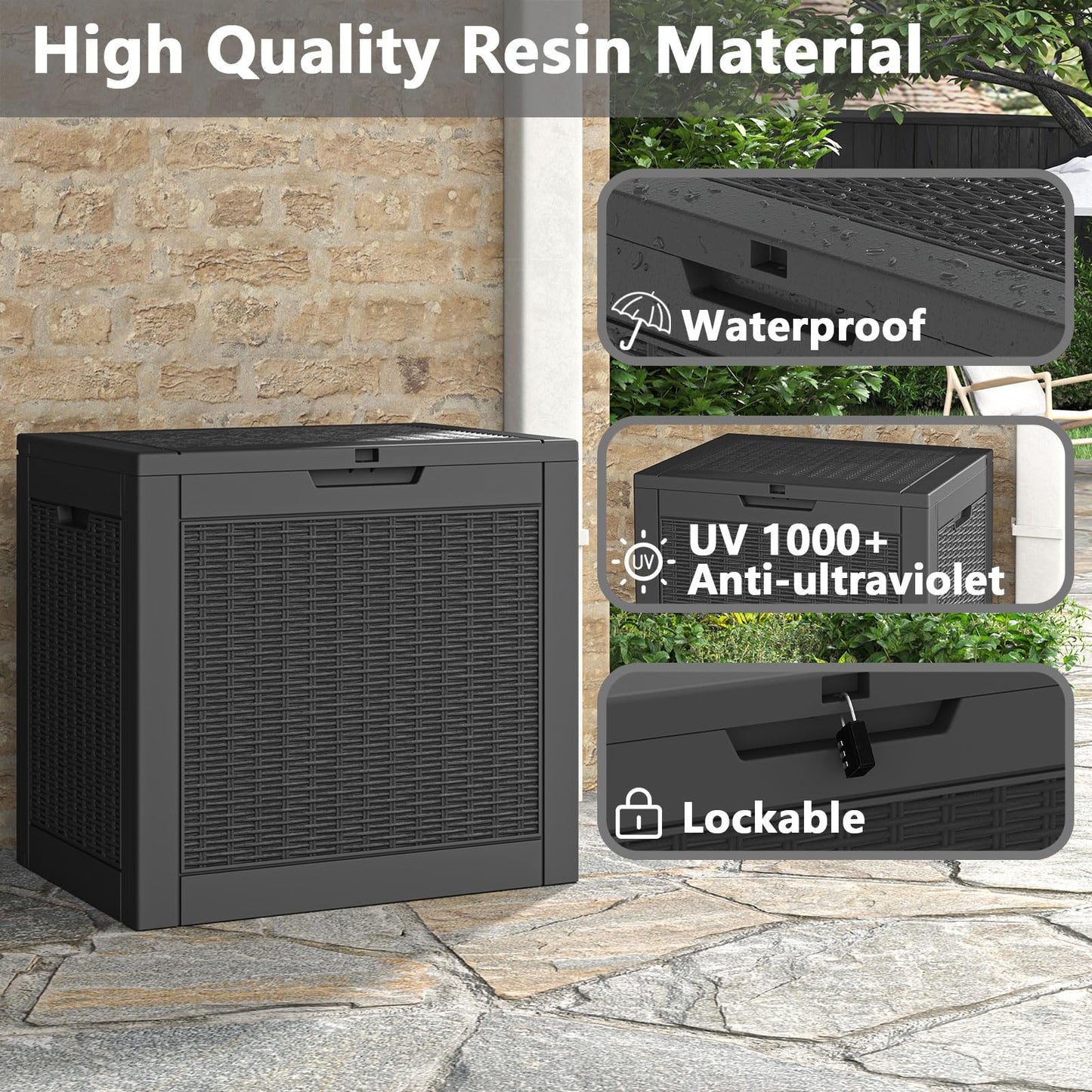 LHBGO 31 Gallon Deck Box, Resin Outdoor Storage Box, Waterproof and UV Resistant Deck Box, Lightweight Storage Box for Garden Tools, Pool Supplies