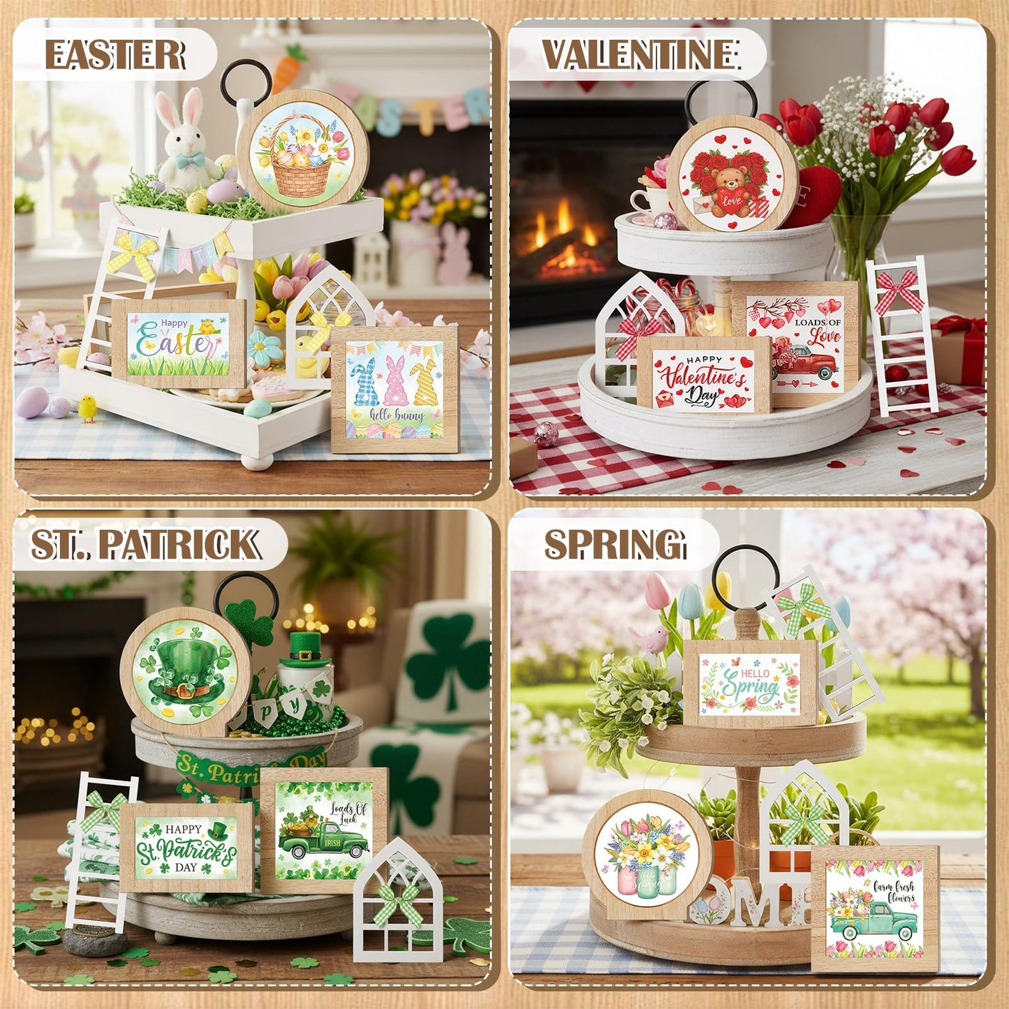 GlikCeil 95 Pcs Interchangeable All Season Tiered Tray Decor Set Farmhouse Holiday Decorations Wooden Frames Ladders with Season Cards Bows for Home Kitchen Valentine Easter Mardi Gras Spring Summer