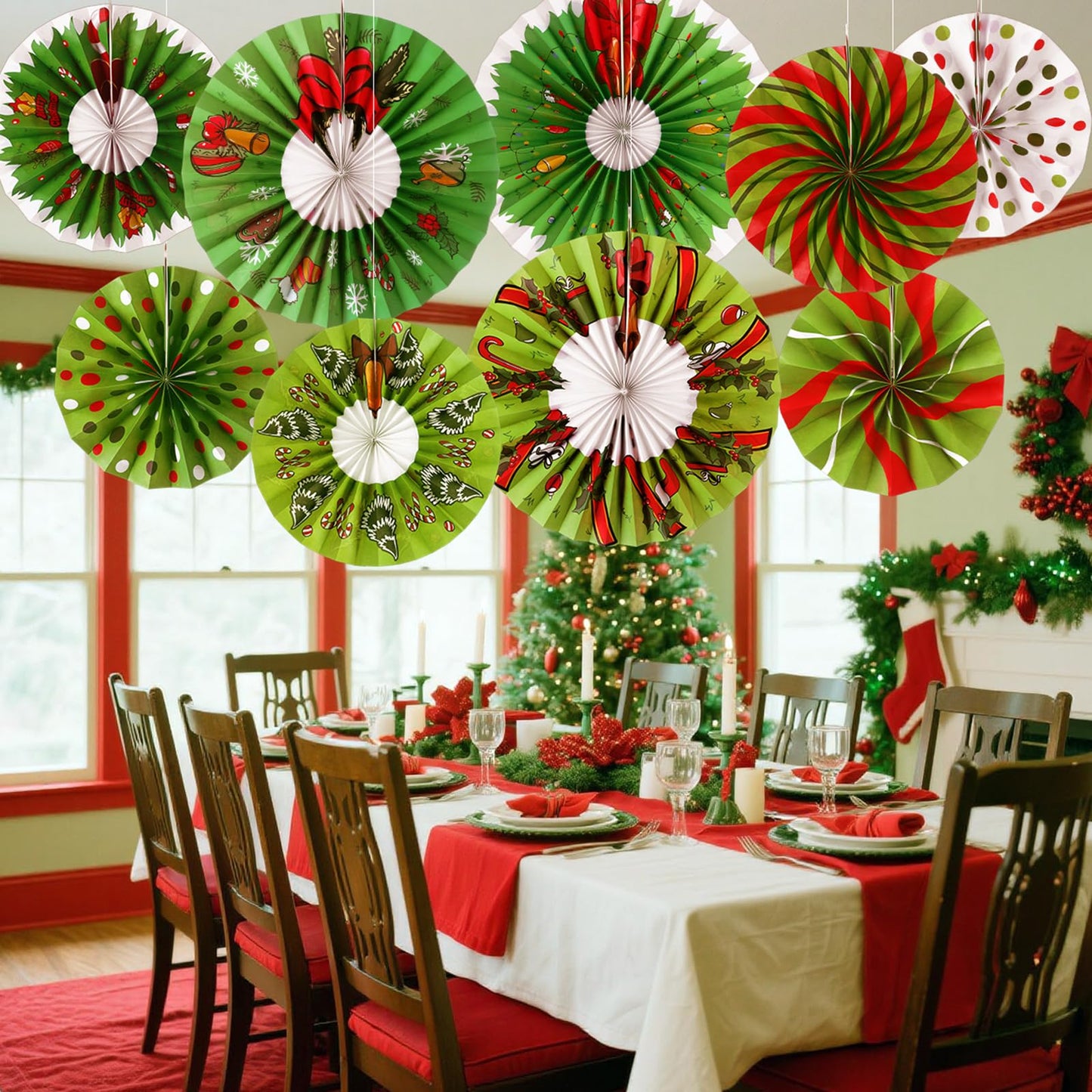 Outus 9 Pcs Christmas Hanging Decorations Candy Paper Fans Peppermint Classroom Christmas Decorations Party Ceiling Wall Hanging Decor Red Green Elf Bulb Wreath Gift Box Winter Holiday Birthday