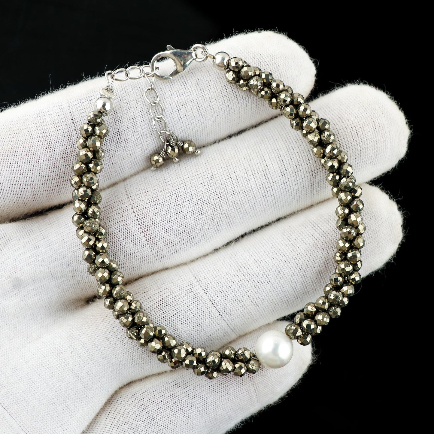 CRYSTALIS Natural Pyrite Beads Twisted Rope Bracelet with Elegant Pearl, High Grade Gemstones, Chakra Healing Stones, Gift Giving Womens Jewelry, 925 Sterling Silver Bracelet 8 inch