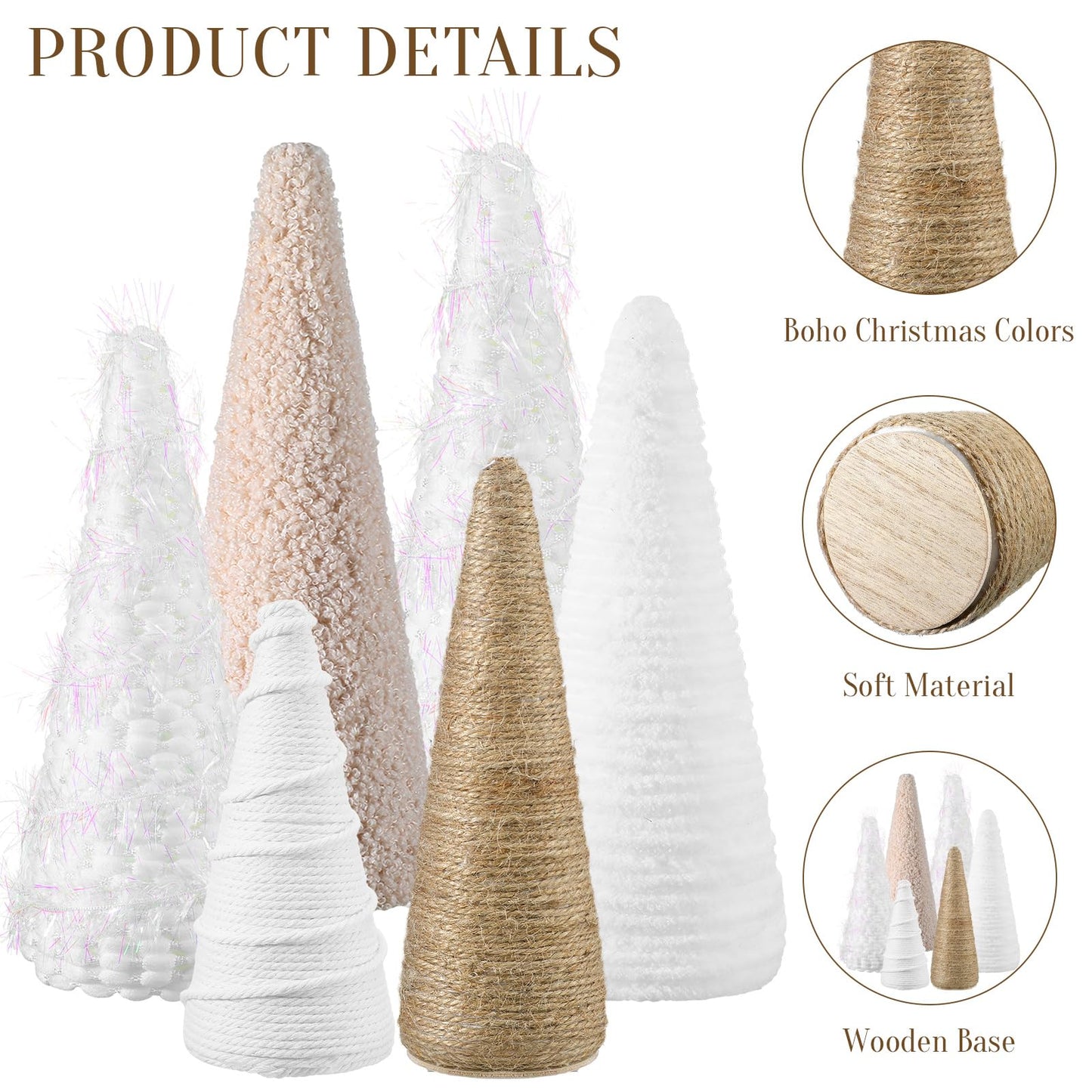 VercanMonth 6 Pcs Christmas Yarn Cone Trees Rustic Farmhouse Christmas Neutral Boho Cone Trees Tabletop Centerpiece Mantle Tree Table Decoration for Winter Holiday Tiered Tray, 8 Inch 7 Inch 5 Inches