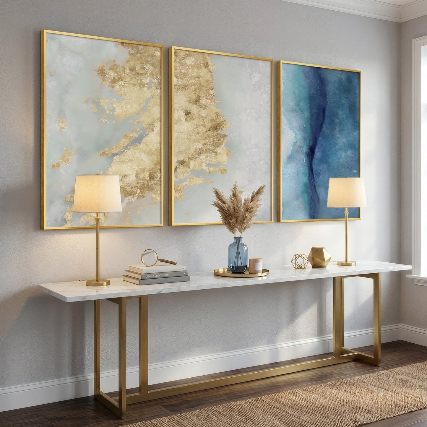 Large Framed Abstract Wall Art for Living Room, Luxury 3 Piece Canvas Blue White and Gold Prints Paintings for Walls, Modern Minimalist Pictures for Dining Bedroom Hallway Office Home Decor 24x36 In