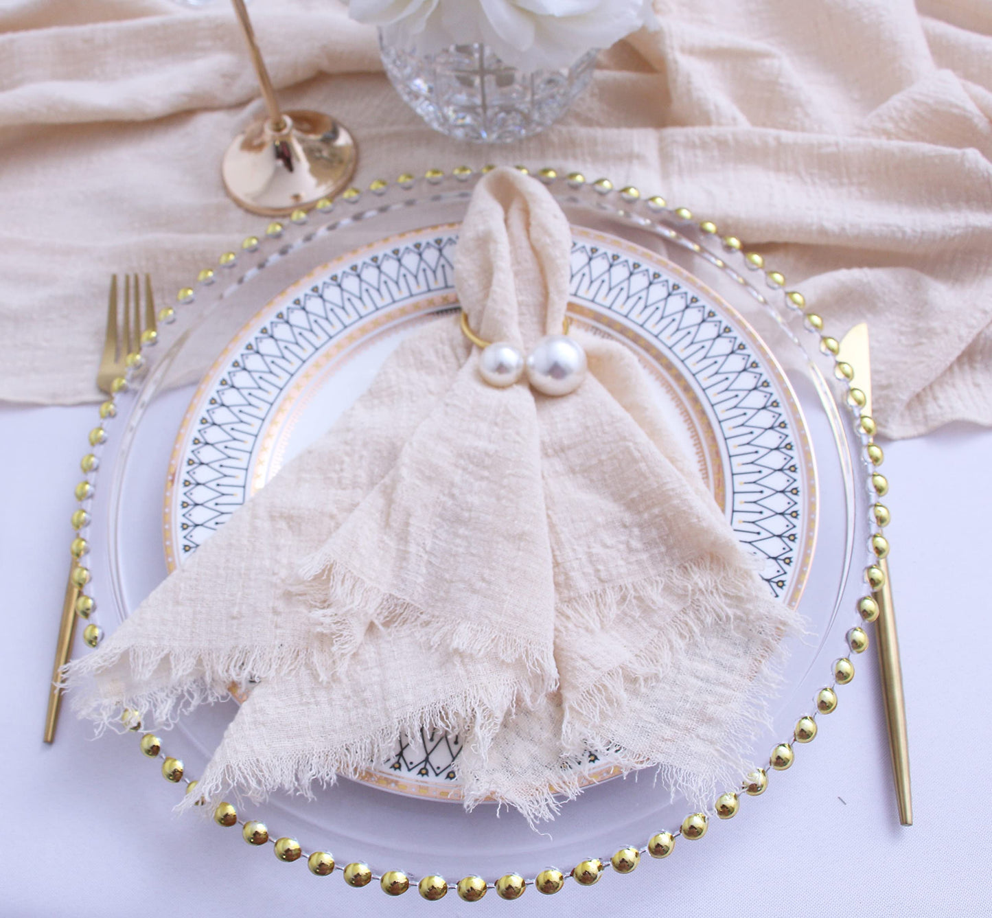 Fall Cloth Napkins with Fringe Set of 12,100% Soft Cotton,Washable Gauze Napkins Great for Weddings Decorative,Dinner Parties,Family Everyday Use (12 Pack, Beige)