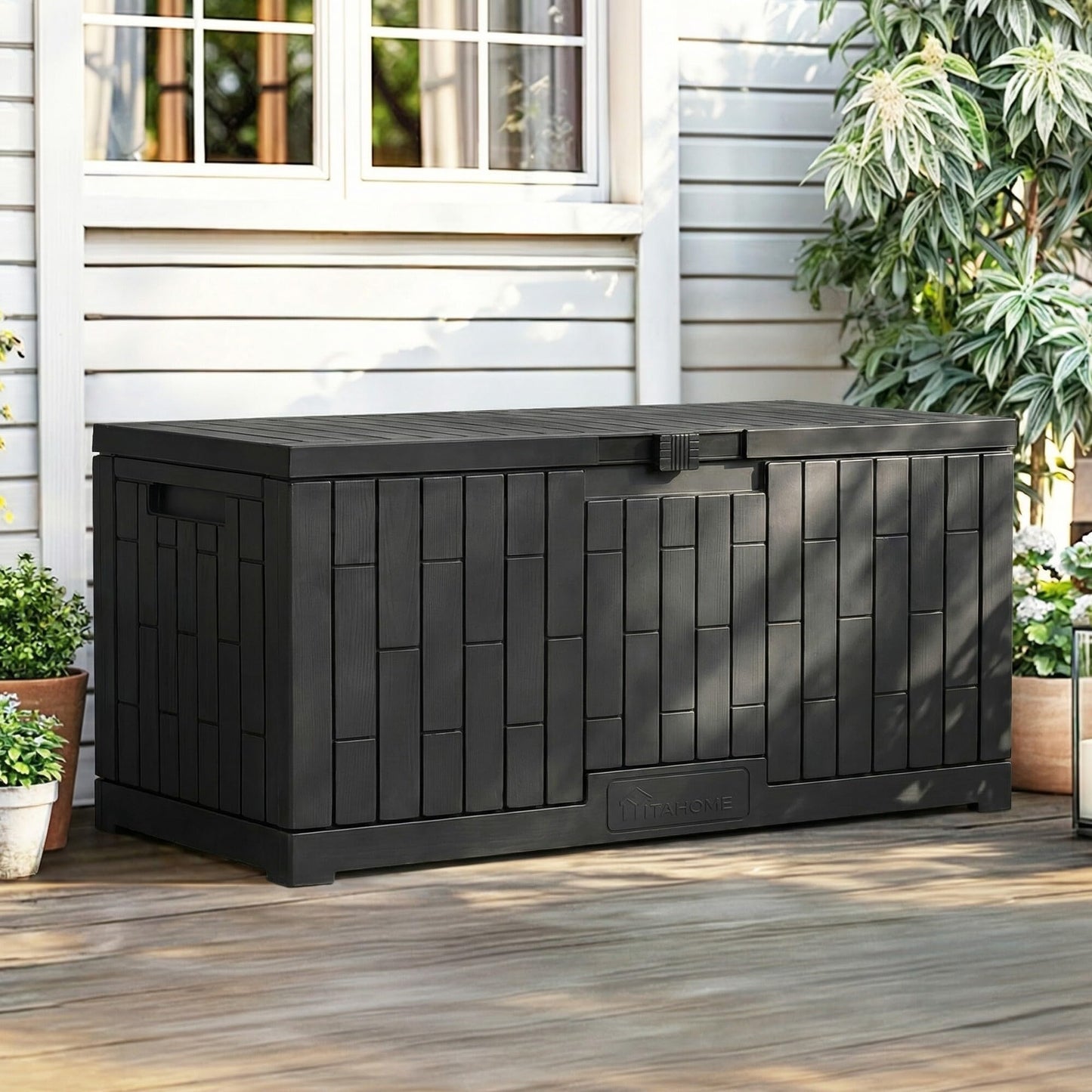 YITAHOME Large Outdoor Storage Box, 120 Gallon Waterproof Resin Deck Box with Slide-Locking Lid, Patio Storage Bin and Bench Seat for Garden Tools, Cushions & Pool Supplies, Easy Assembly, Black
