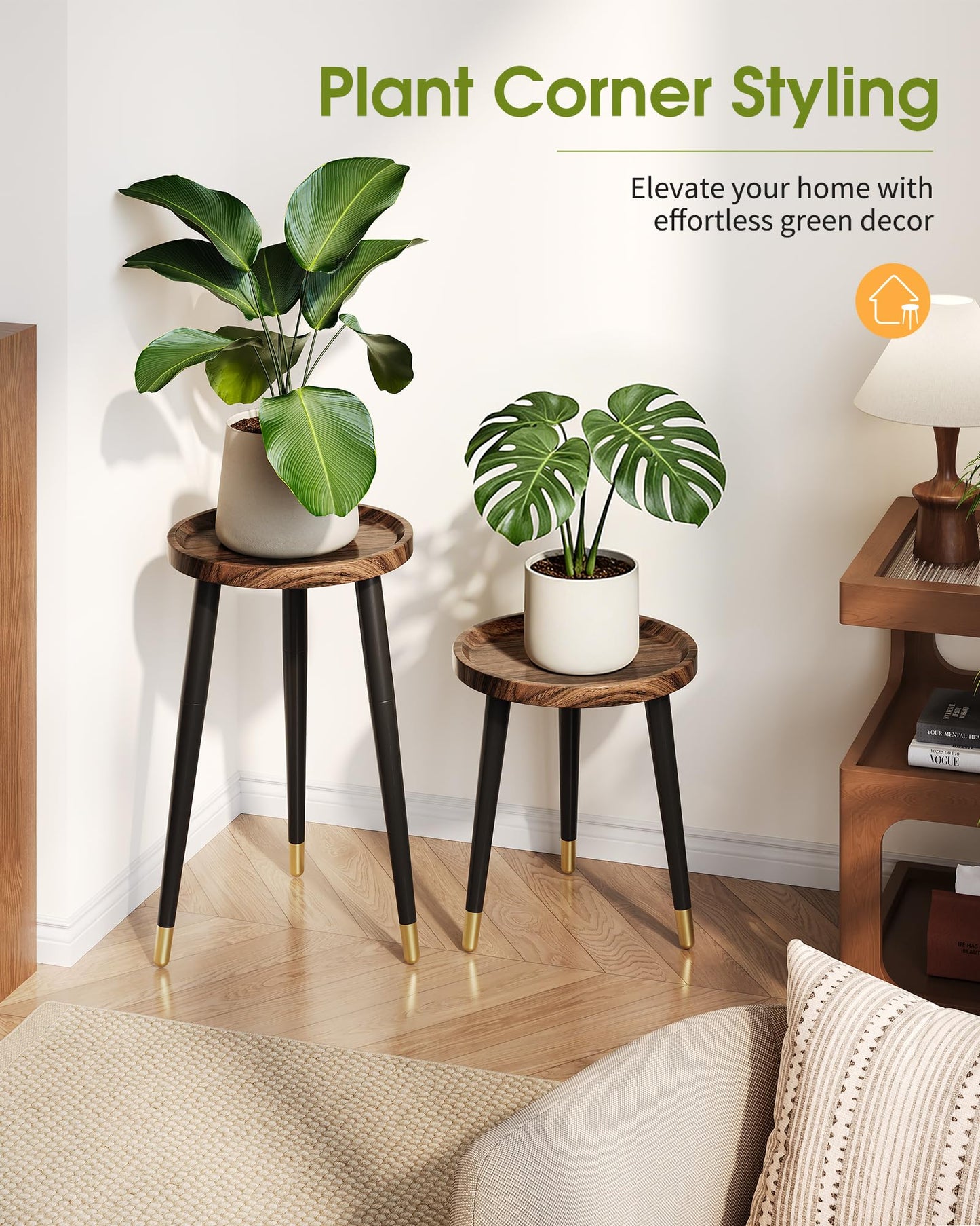 AZADESJET Plant Stand Indoor 2 Pack, Wood Mid Century Indoor Plant Stand, Tall Plant Stands for Flower Pot, Modern Plant Table, Small Side End Table With Raised Design, Walnut, 11.7"x18.8" & 11.7"x13"