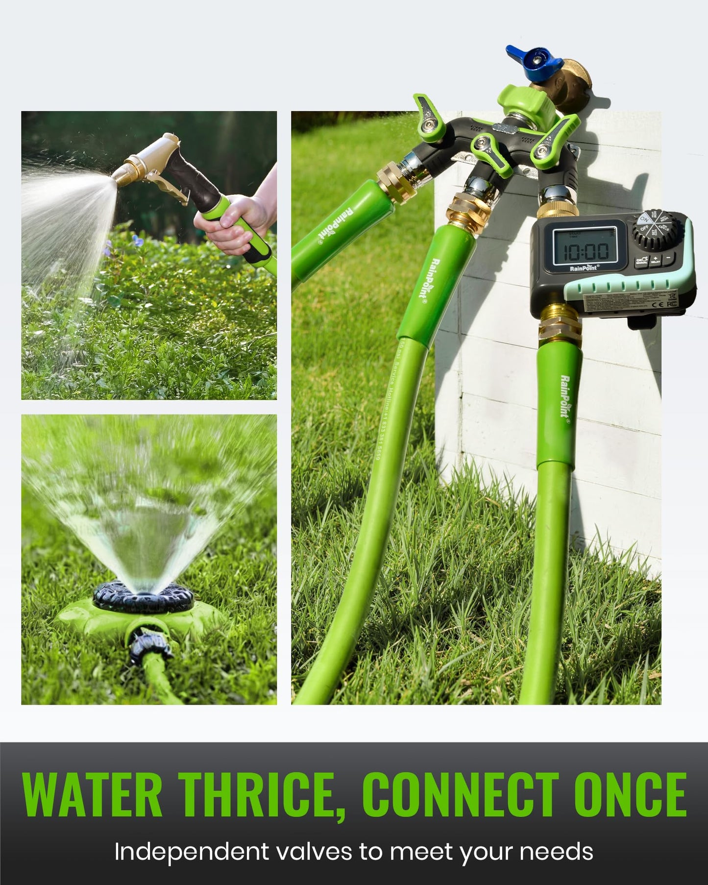RAINPOINT 3 Way Hose Splitter, 100% Metal Heavy Duty Garden Hose Splitter With 1.9" Extra Long Handle & Individual Shut Off, 3/4 Inch GHT Thread Water Hose Connector For Outdoor Spigot Faucet (Green)