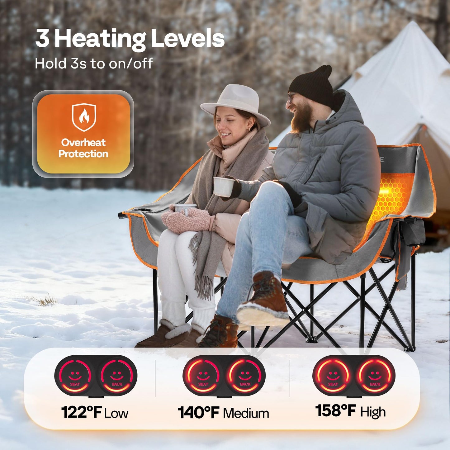 VIVOHOME 45W Padded Heating Double Camping Chair with 2 x 27000mAh Power Bank, Heated Oversized Portable Loveseat for Outdoor Sports, 3 Levels of Heat, Overheat Protection System, Orange and Gray