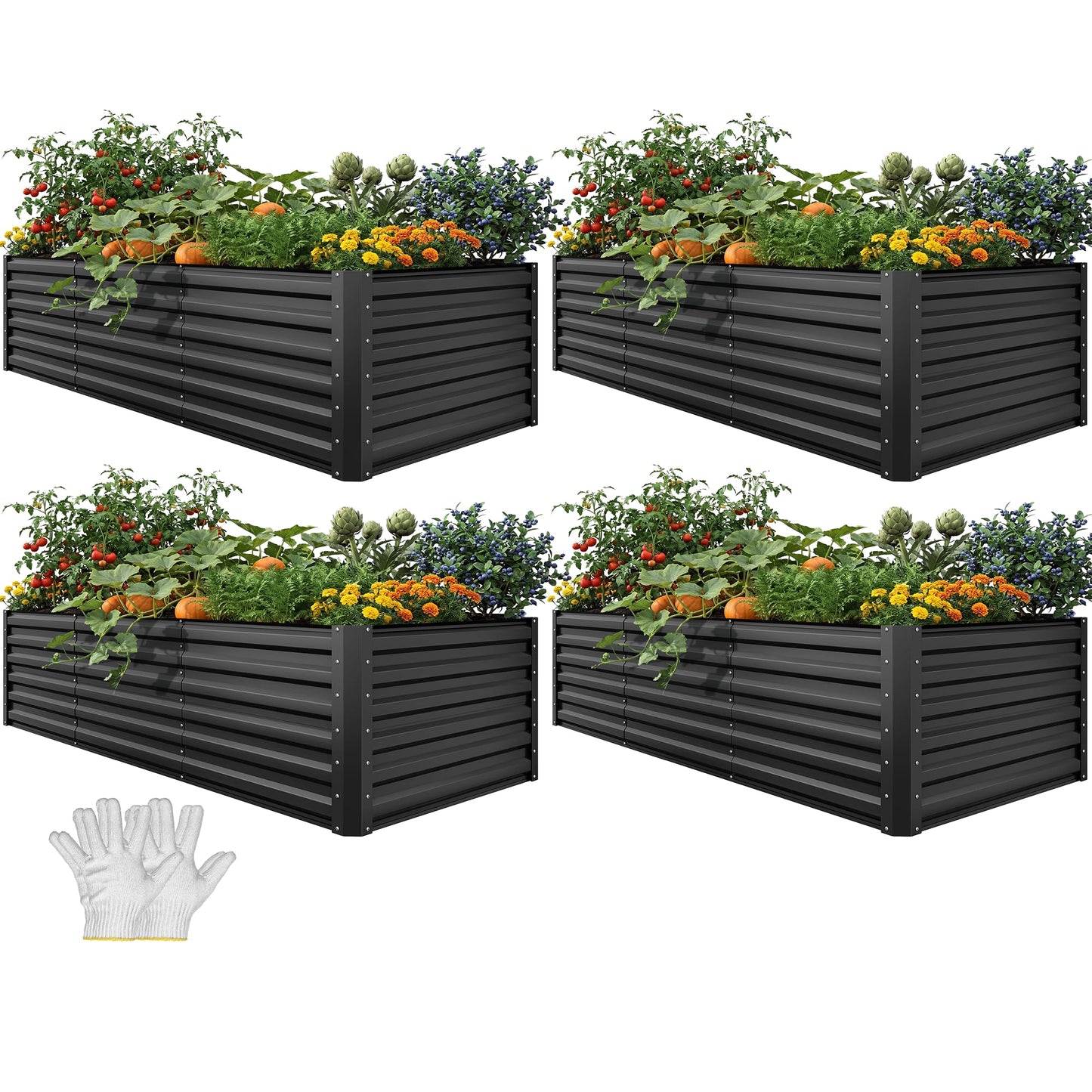YITAHOME 8x4x2 ft 4pcs Galvanized Raised Garden Bed Kit, Large Metal Planter Box with Gloves, Safety Rubber & Support Rod, Outdoor Flower Bed for Plants Vegetables, Black