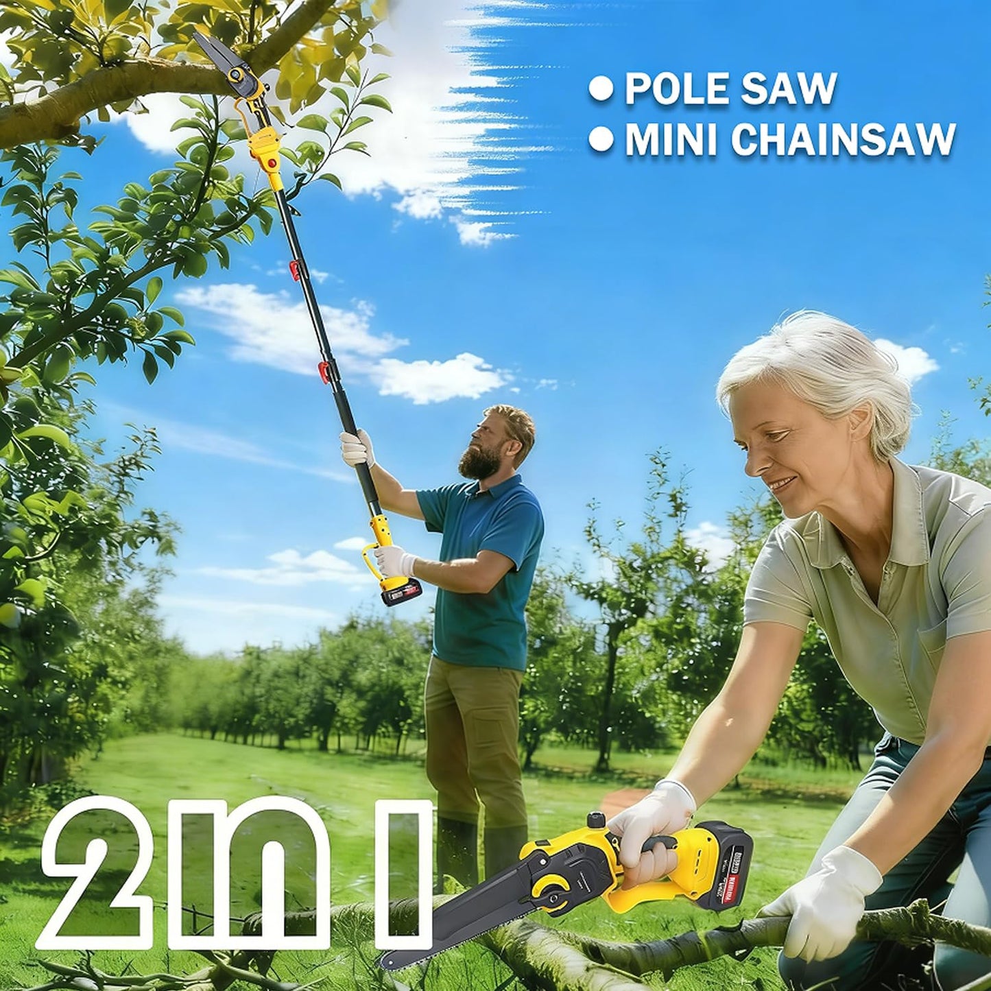 2-in-1 Cordless Pole Saw for Tree Trimming, Brushless Electric 8-Inch Mini Chainsaw with 2 x 4000mAh Battery Powered, Angle Adjustable / 16-Foot MAX Extension Pole, Branch Cutter Pruner