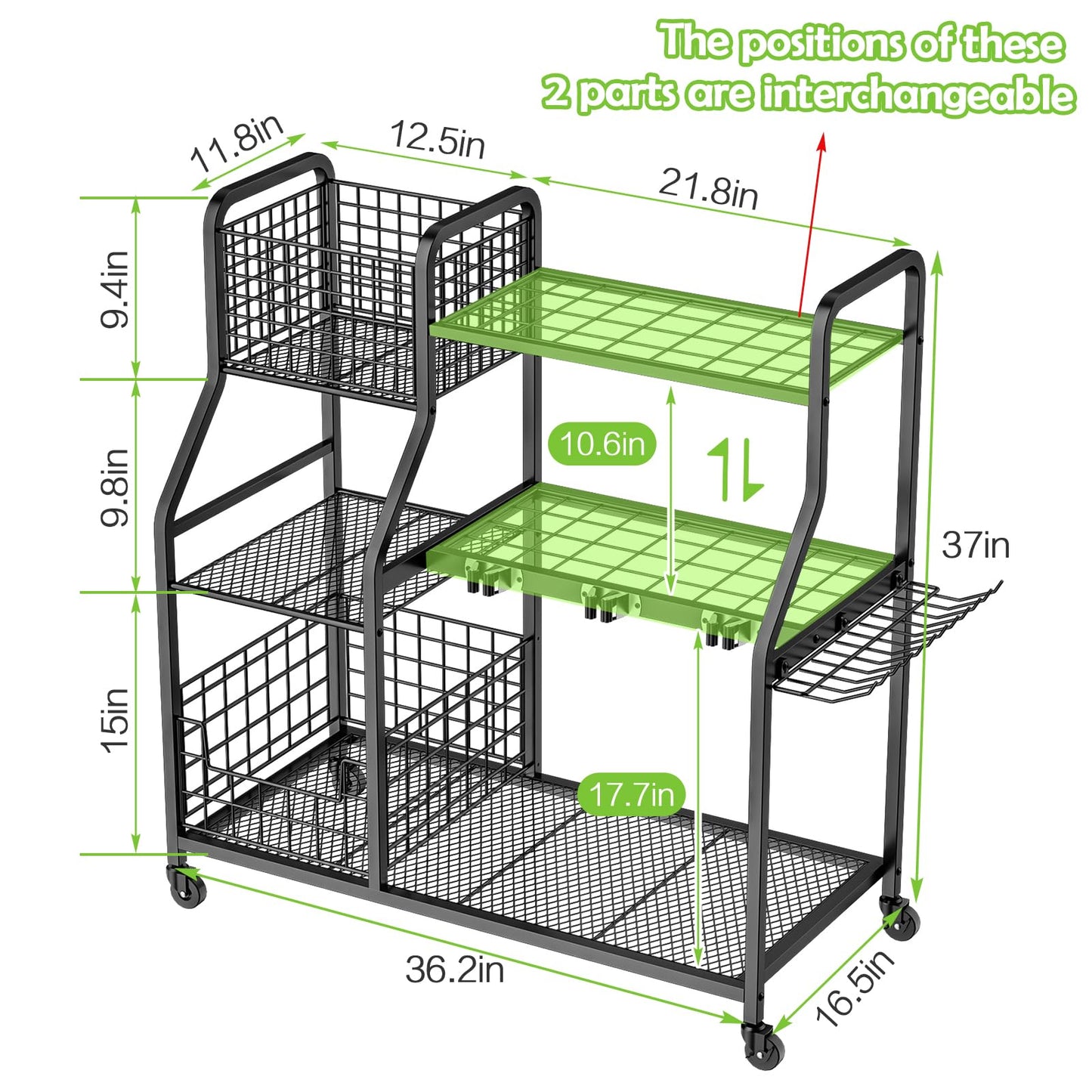 keomaisyto Garden Tool Organizer with Heavy Duty Wheels for Garage - with 2 Baskets, Large Yard Tool Organizer and Storage Holder, Utility Garden Tool Rack for/Shed/Garage/Yard/Basement/Lawn