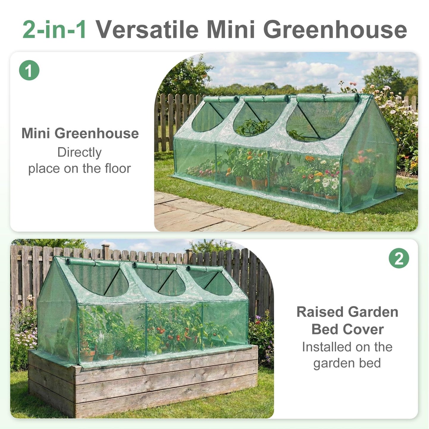 Aoodor 9 x 3 x 3 ft Mini Greenhouse with 3 Zipper Doors, Water-Resistant, UV-Protected for Flowers, Vegetables, and Herbs, Green