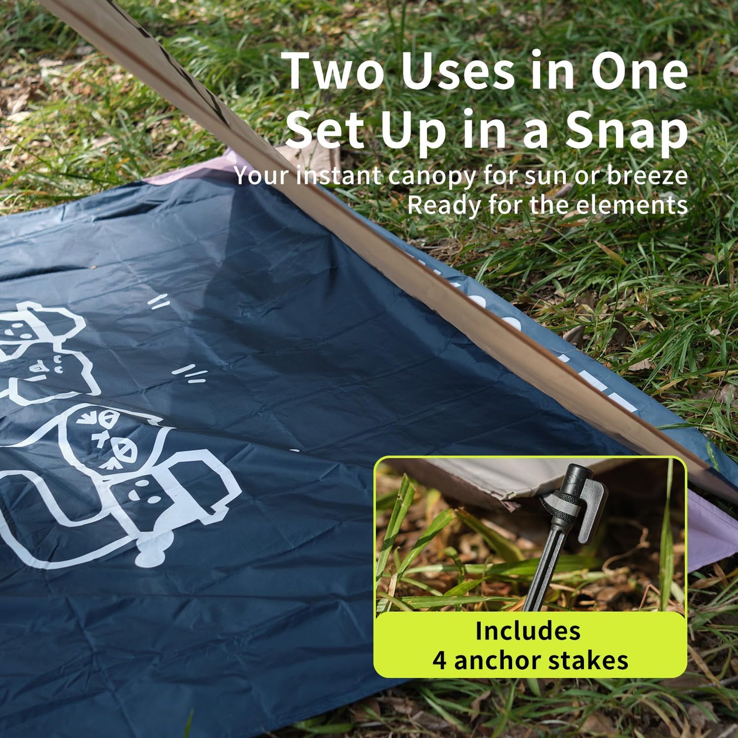 morning deer 65"x60" Lightweight Packable Picnic Mat & Canopy 2-in-1 Double-Sided Waterproof Groundsheet with 4 Tarp Stakes Camping Moisture-Proof Mat Lawn & Beach Mat for Backpacking, Beach, Park