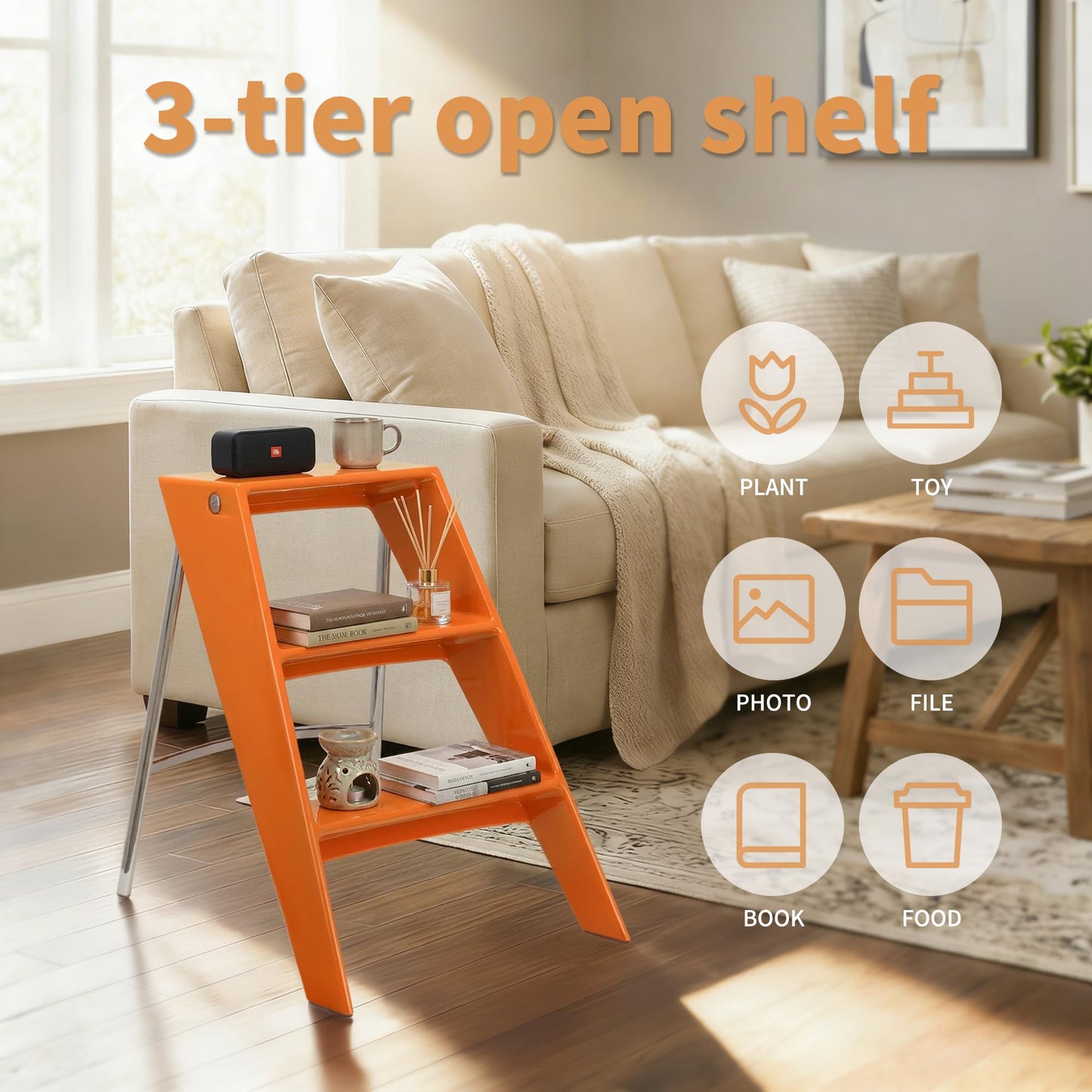 HOTEAGLE Ladder Shelf, Multifunctional 3-Tier Bookshelf, Stylish Bedroom Shelves Double as Bedside Table, Side Table for Home Living Room, Kitchen and Bedroom,Orange
