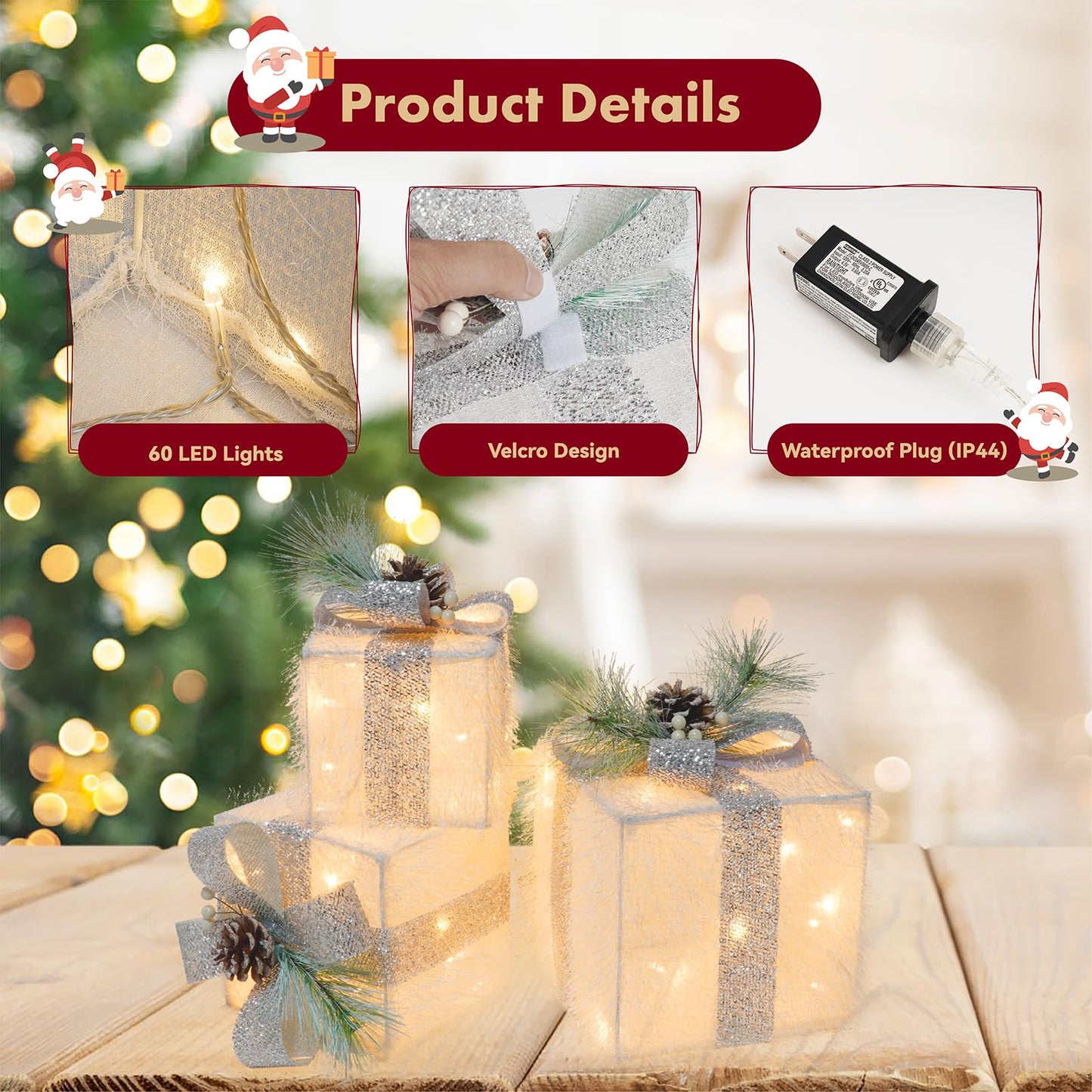 Set of 3 Christmas Lighted Gift Boxes with 60 LED Lights, Plug-in Holiday Decorations for Xmas Tree, Home, Indoor Outdoor Décor(Silver)