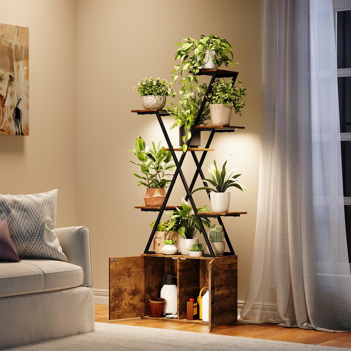 MemoCastle Plant Stand Indoor with Grow Lights, 7 Tiered Plant Shelf with Storage Cabinet, 59.5" Tall Corner Plant Stands for Indoor Plants, Metal Flower Display Rack for Living Room, Patio