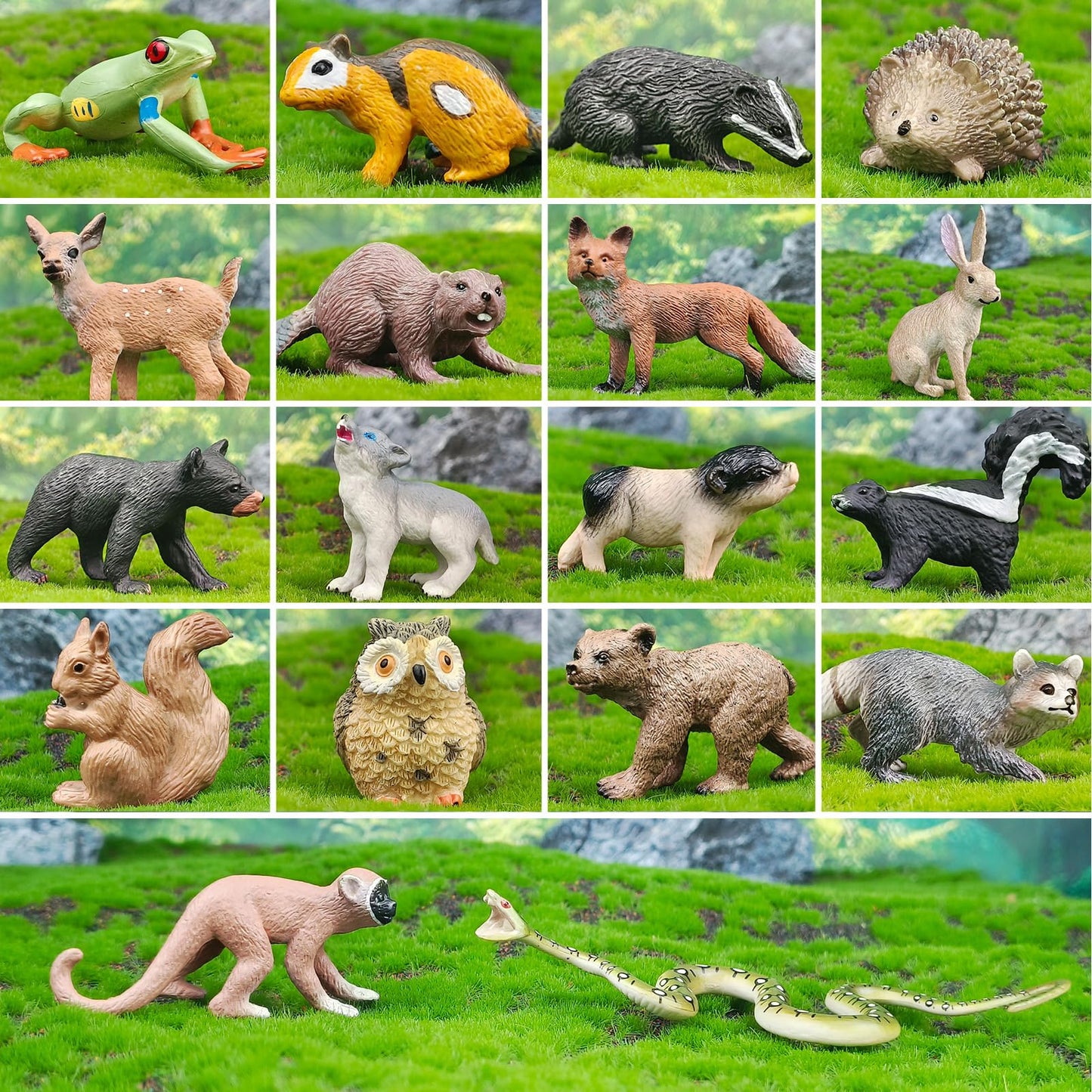 SCAHOW 18Pcs Forest Animals Figures - Plastic Woodland Creature Toy Figurines for Kids Boys Girls 3-5 6-12, Small Jungle Animal Baby Figurines for Cake/Cupcake Topper Birthday Gift