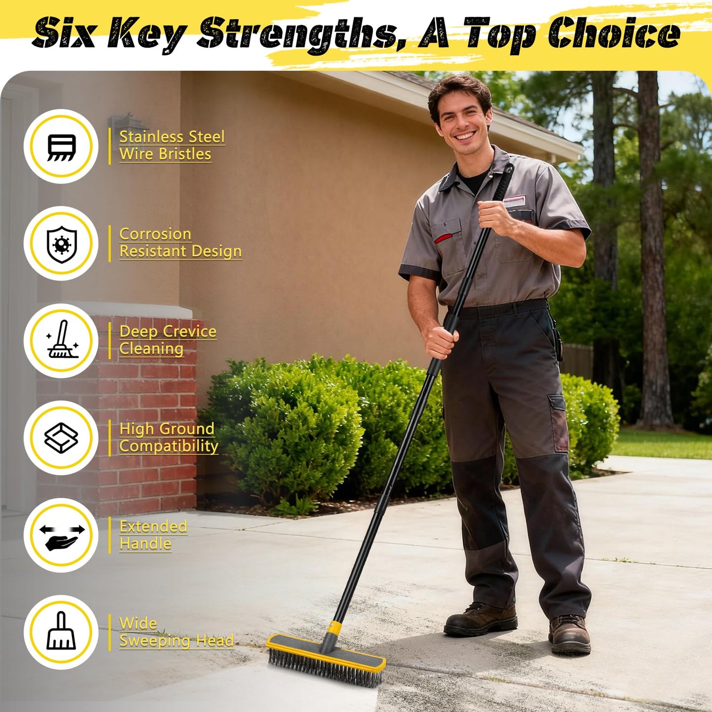 Heavy Duty Broom Wire Floor Scrub Brush with Long Handle, 2 in 1 Scrape and Stainless Steel Bristle Brooms Scrubber for Deck Concrete Patio Outdoor Moss Removal