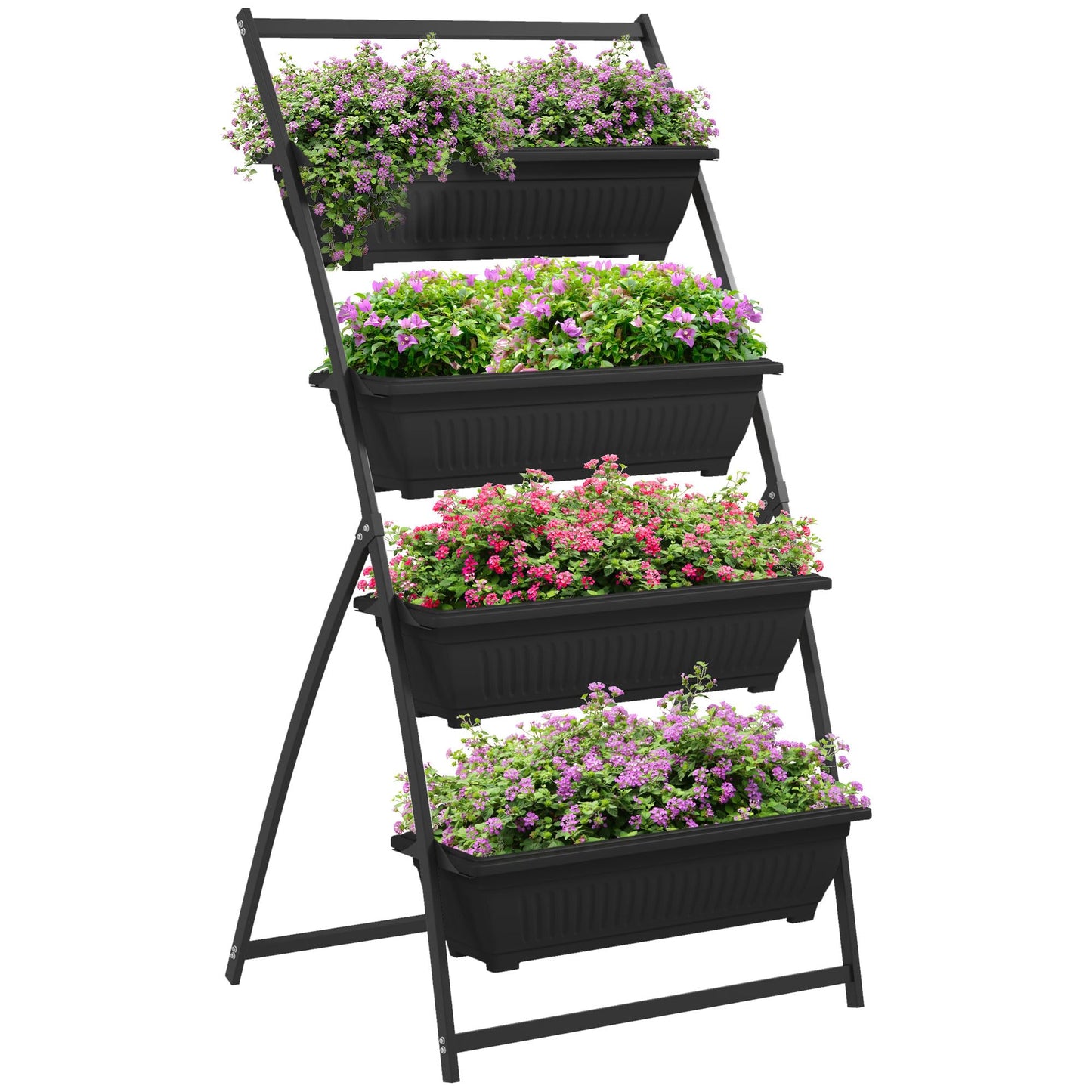 ZEnvya 4-Tier Vertical Raised Garden Bed with Stand - Self-Draining Outdoor Planter Set for Vegetables/Herbs, Black Plastic