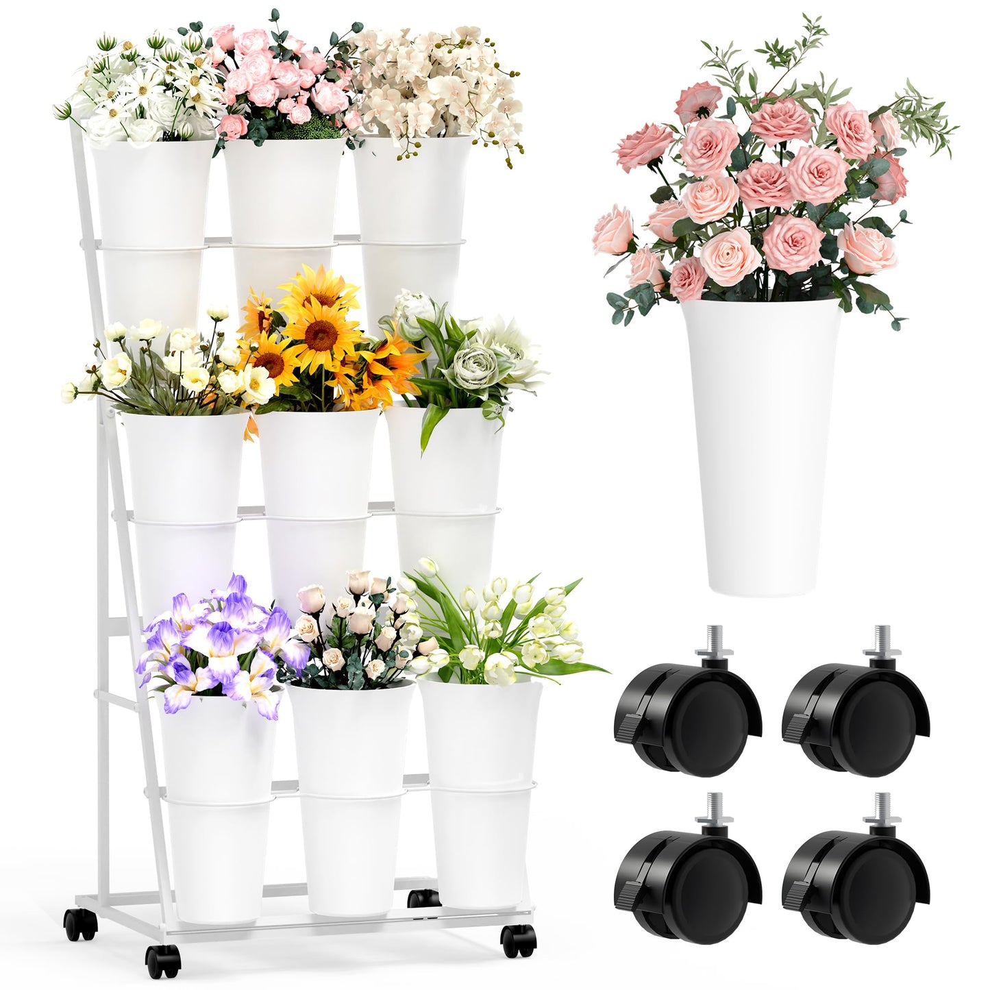Invech Flower Display Stand with 9 Buckets, 3 Tier Flower Cart Display Stand and Wheels for Indoor Outdoor Garden, Wedding, Flower Shop (White)