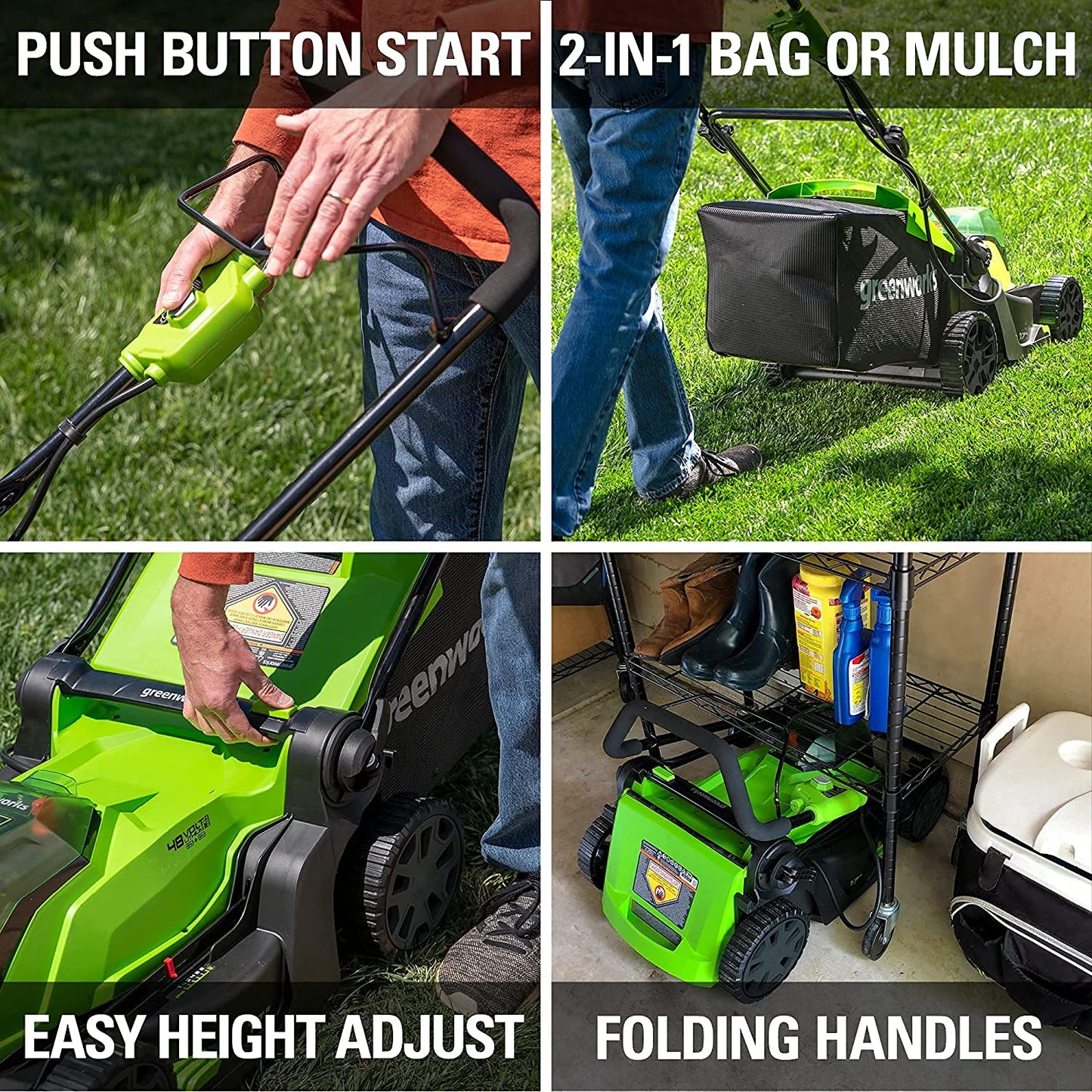 Greenworks 48V (2 x 24V) 17" Brushless Cordless Lawn Mower + 24V Drill / Driver, (2) 4.0Ah USB Batteries (USB Hub) and Dual Port Rapid Charger Included