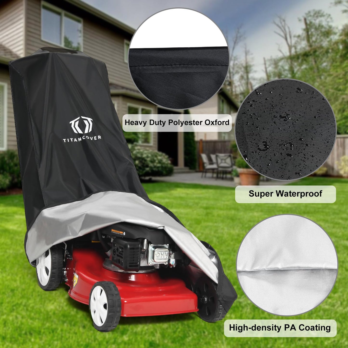 TitanCovers Lawn Mower Cover with PA Coating & Double Drawstring & Storage Bag, Heavy Duty 600D Polyester Oxford Push Mower Cover, Waterproof Lawnmower Covers for Outdoor