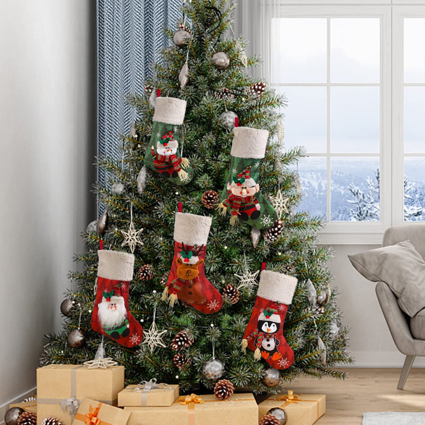 Christmas Stockings Set of 5, Large 18’’ Xmas Stockings Fireplace Hanging Stockings with Plush Cuff, Santa Snowman Reindeer Elf for Holiday Decor,Christmas Tree Decoration (5pcs)