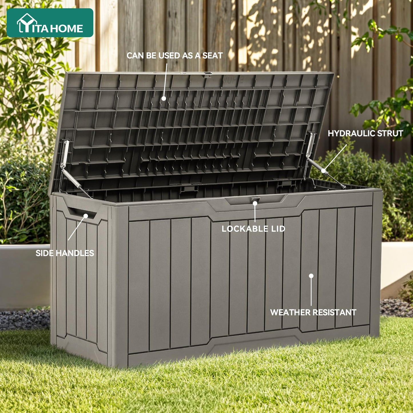 YITAHOME 80 Gallon Resin Deck Box, Waterproof Outdoor Storage Box, Lockable Indoor Outdoor Storage Bench for Supplies and Essentials, Taupe