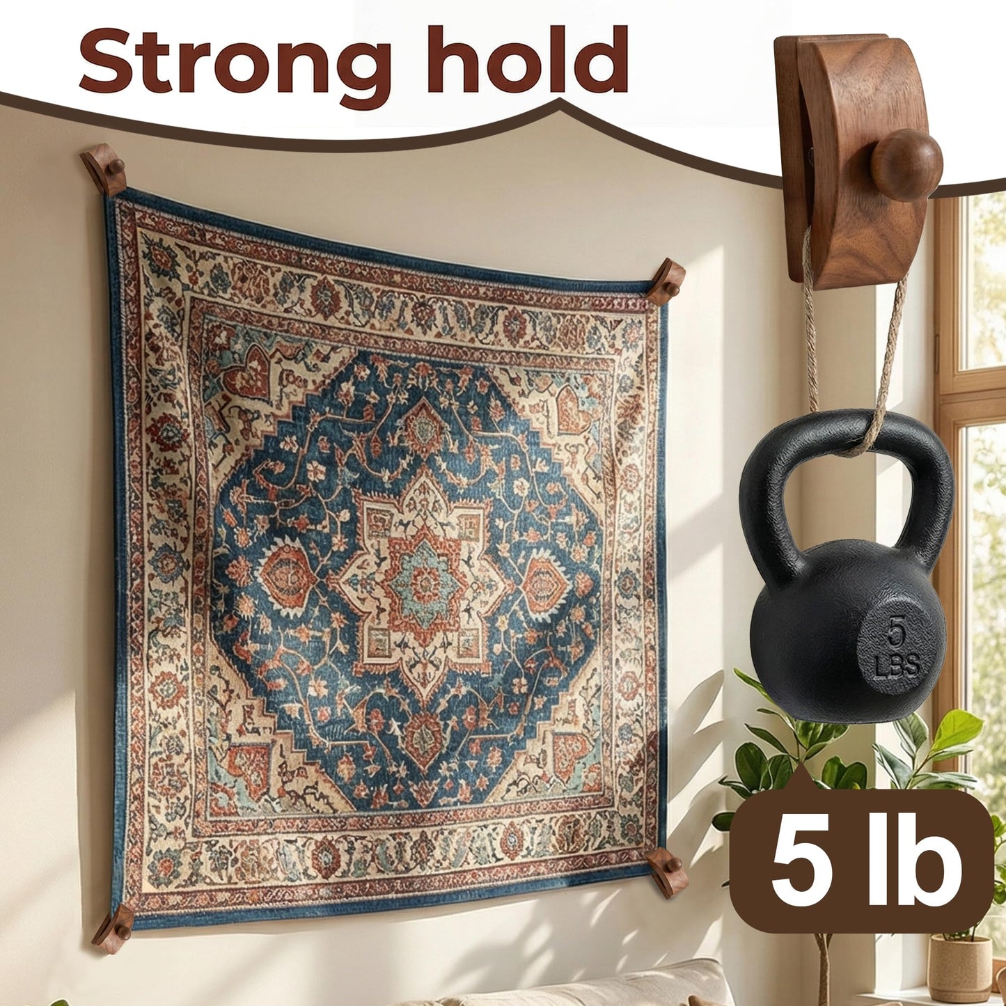 Walnut Adjustable Large Quilt Hanger for wall for Display,Wooden Heavy Duty wall Hanger Clips for Tapestry,Rug,Carpet and Duvet Covers,Poster Frame Nails and Hanging kit (Mid-Century Curved Clip)