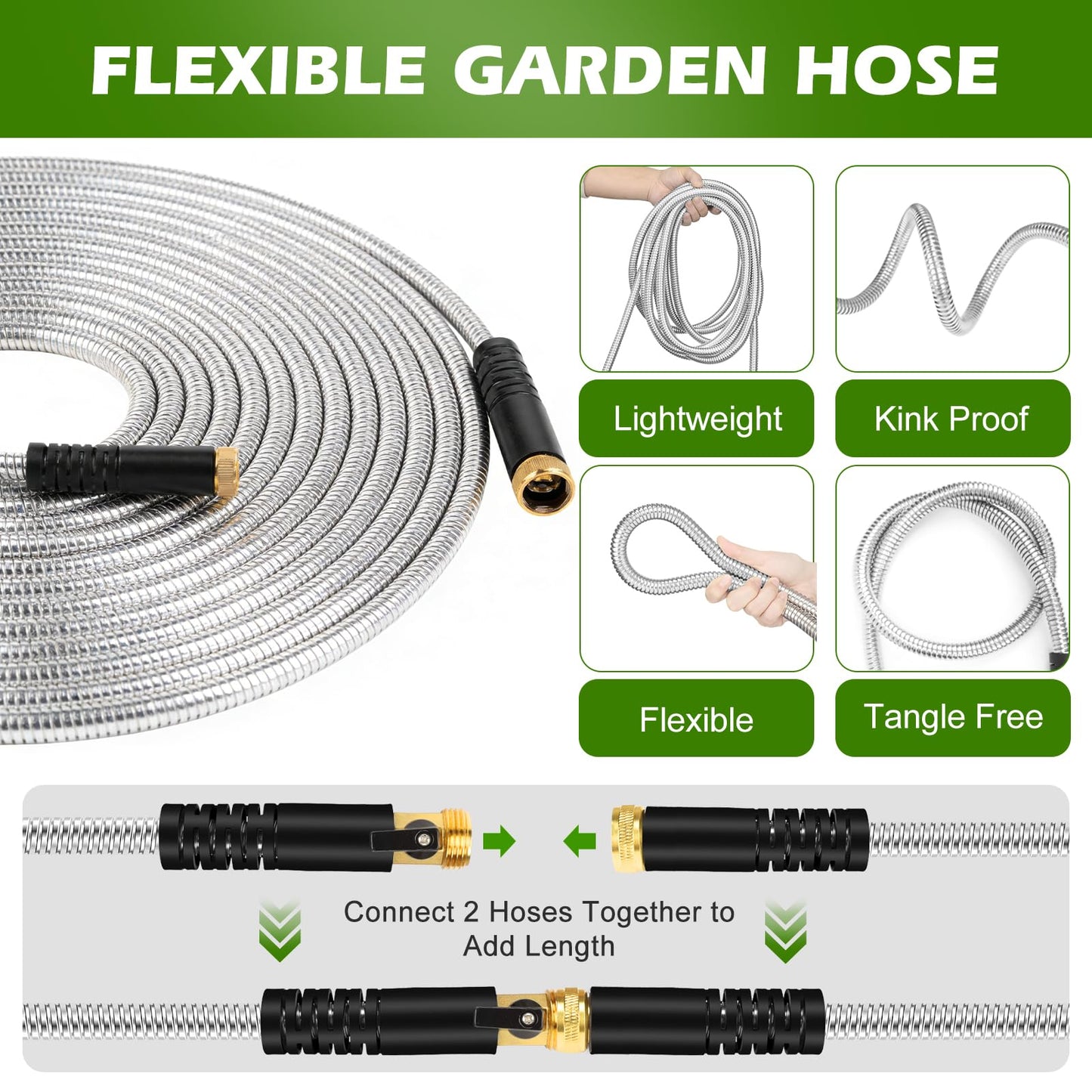 Togake Metal Garden Hose 75 ft Stainless Steel Heavy Duty Water Hose with 10 Function Nozzles Flexible Lightweight Kink-Free Leakproof Sturdy Hoses Pipe 3/4" Brass Fitting for Outdoor Yard Lawn RV