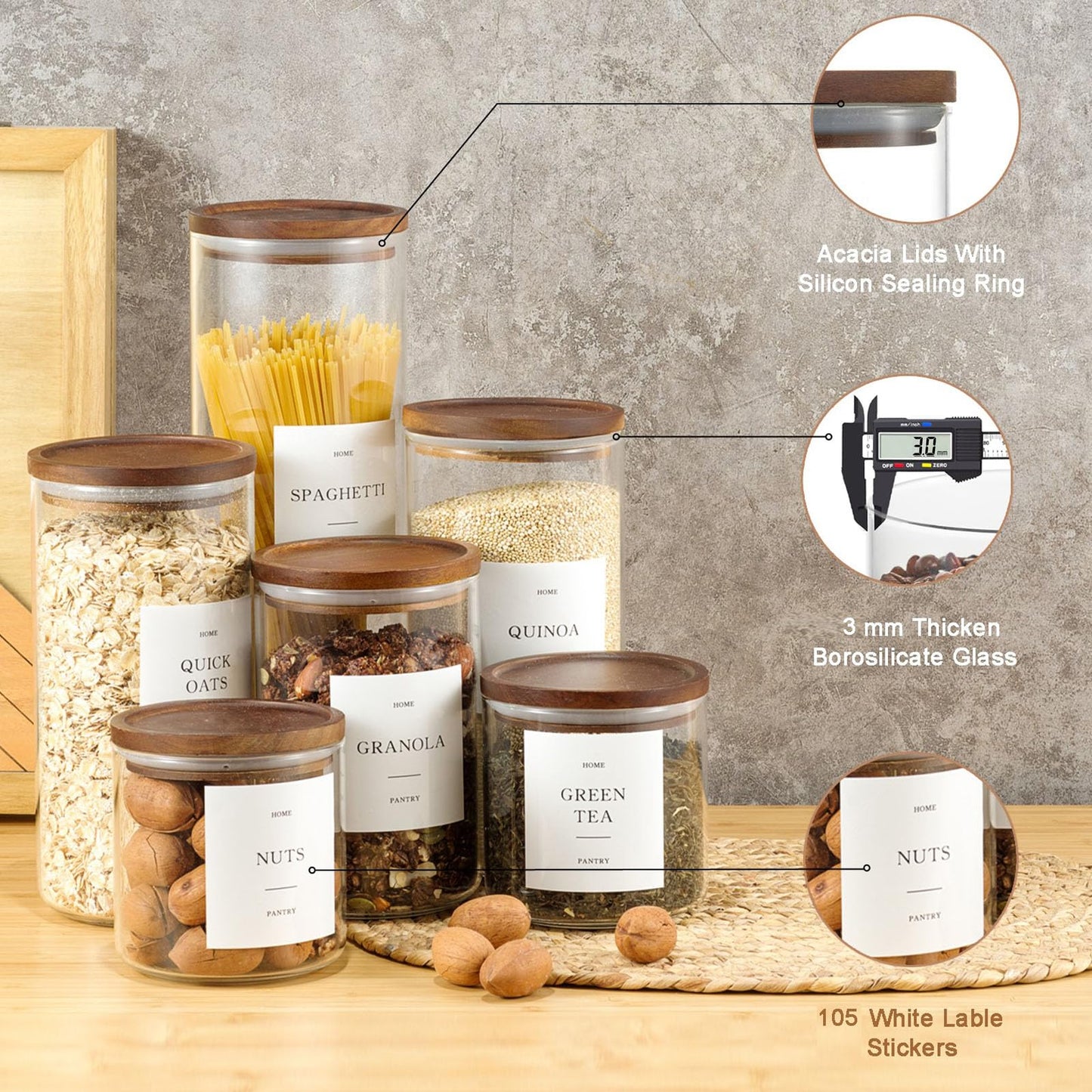 GENSTEUO Set of 6 Glass Pantry Jars with Acacia Wood Lids, 32oz Airtight Pantry Storage Containers with 105 Labels, Glass Kitchen Canisters for Coffee, Tea, Sugar, Pasta