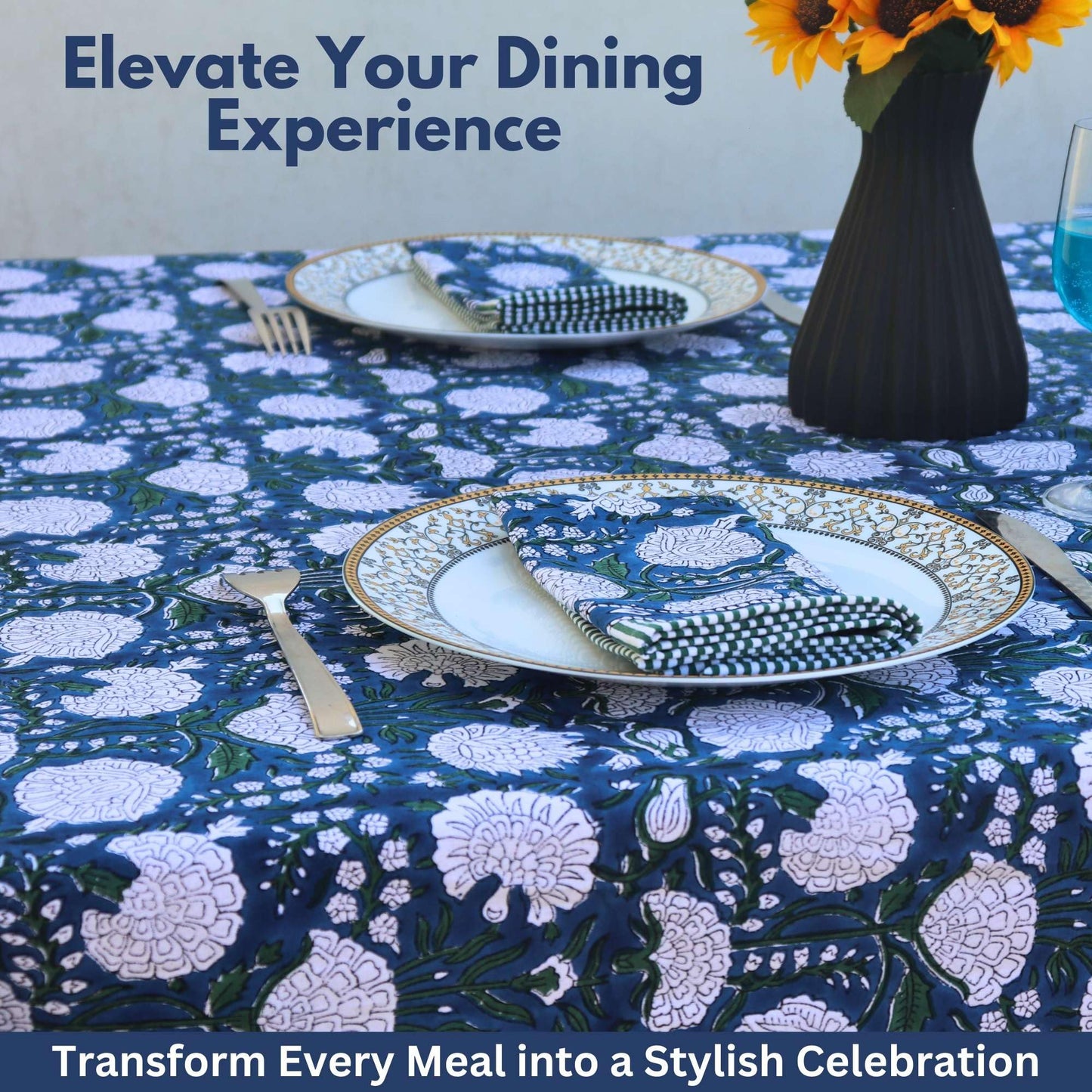 HANDICRAFT HANDLOOM Handblock Print Cotton Tablecloth – 90 Round Table Cover Seats 6–8 – Indian Block Printed Floral Dining Table Linen – Boho Washable Cloth for Kitchen, Party, Outdoor (Dark Blue)