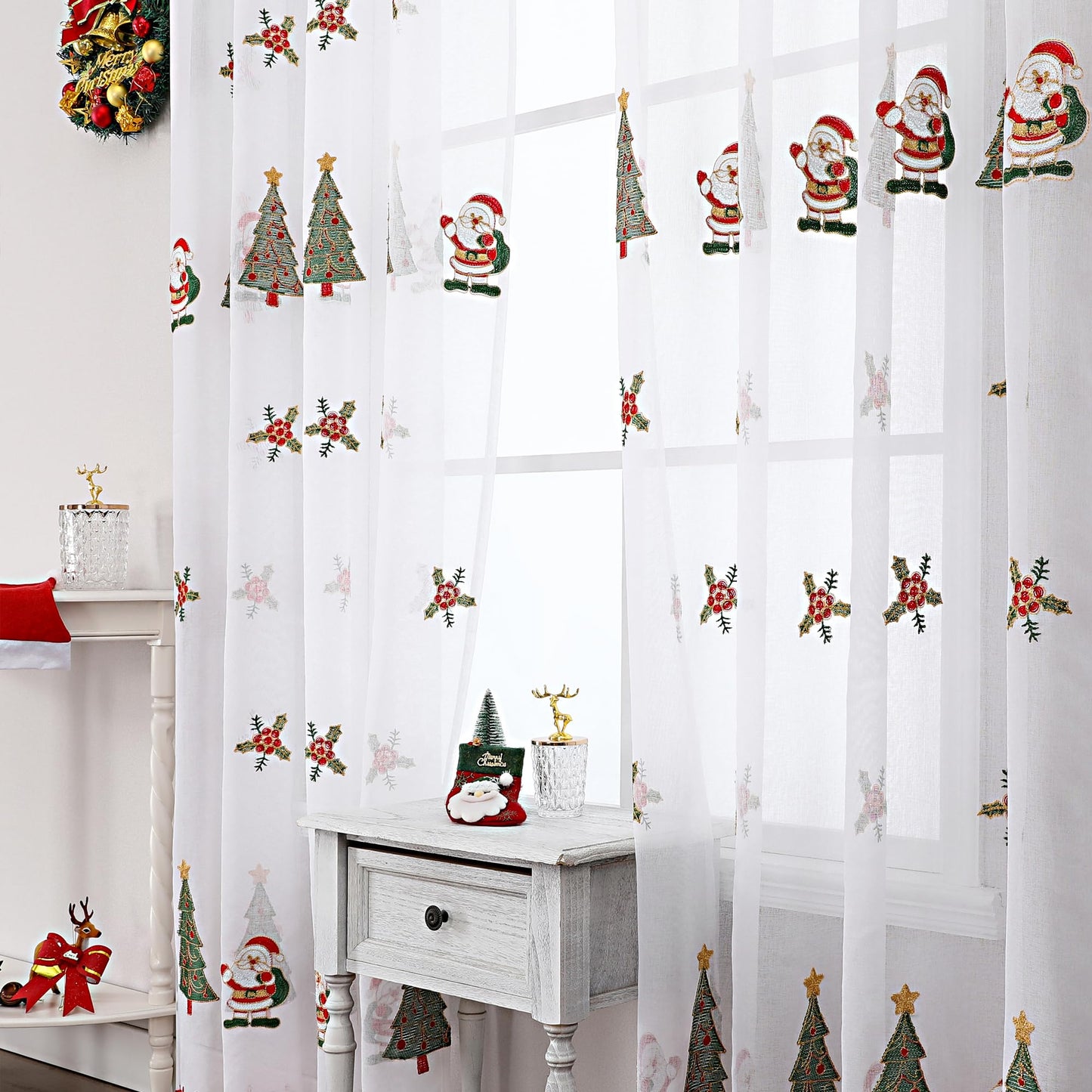 BROSHAN Red Embroidered Sheer Christmas Window Curtains 84 inches Long for Living Room- Xmas Tree Santa Patterned White Drapes 2 Panels Set for Winter Holiday Bedroom Dining Room Decor,Gold Green