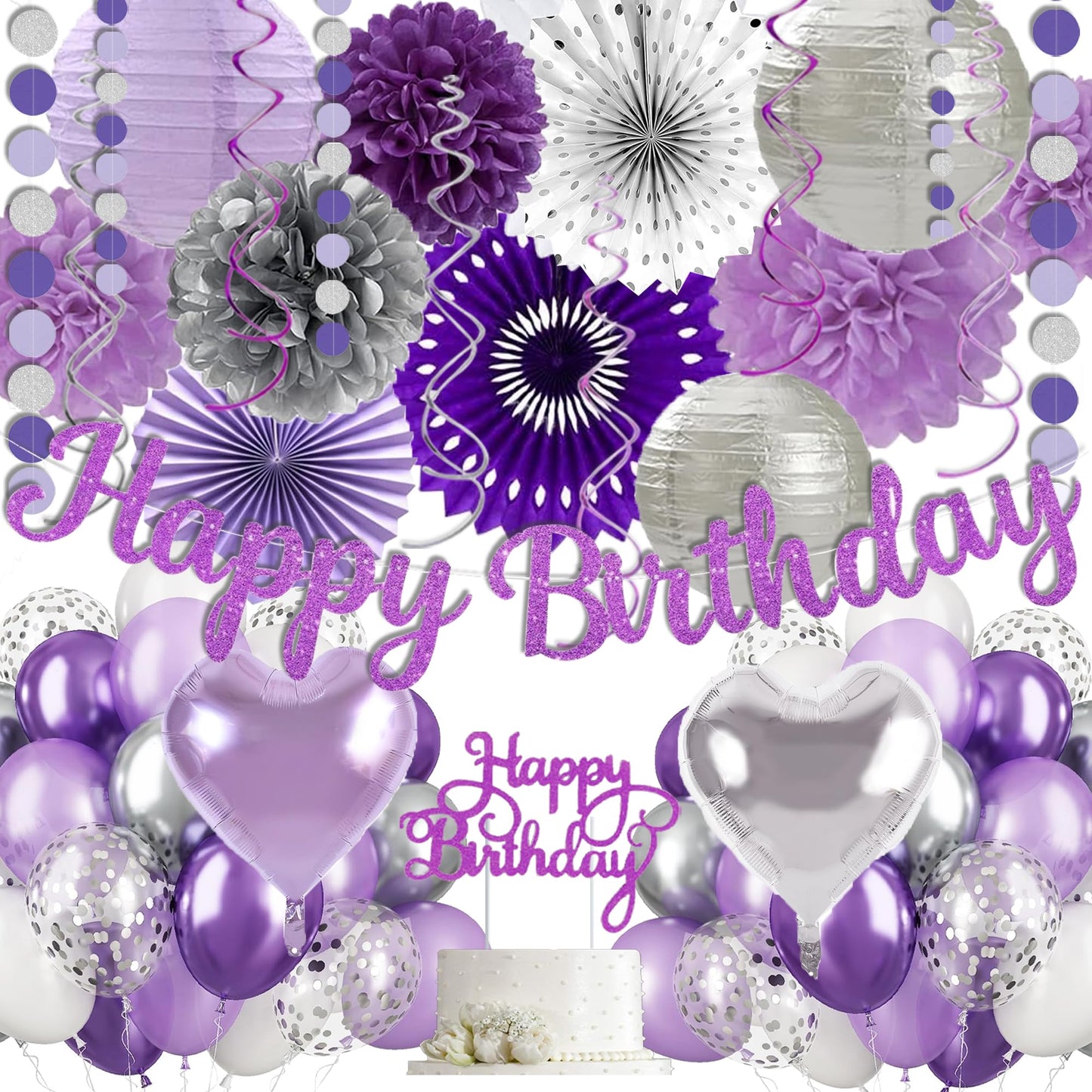 Purple Silver Birthday Party Decorations Kit with Happy Birthday Banner, Paper Lanterns, Streamers, Tissue Pom Poms, Honeycomb Flower Fans, Silver and Purple Balloons, & More for Women Girls' Party