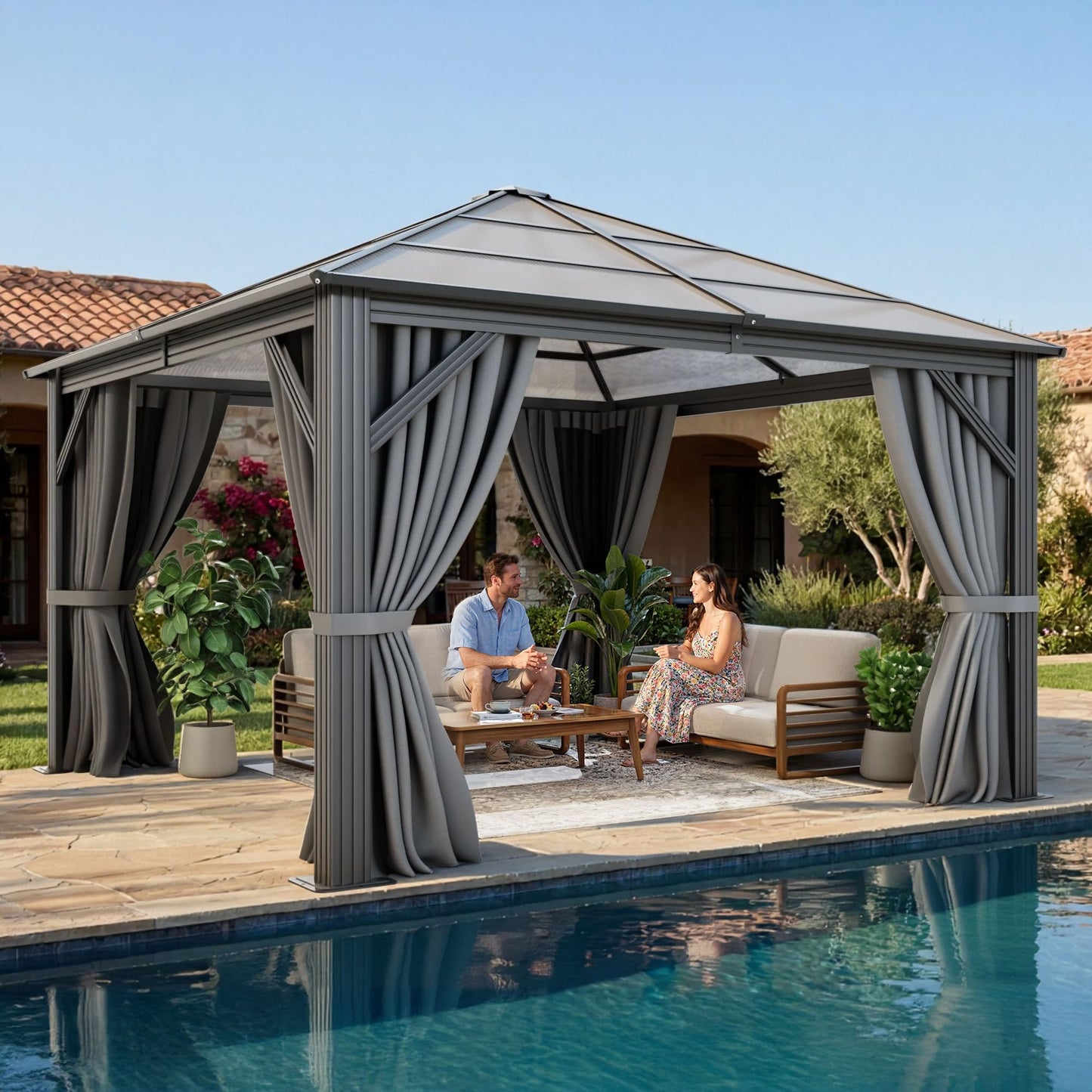 YITAHOME 10x10ft Gazebo Hardtop Outdoor Polycarbonate Canopy with Netting and Shaded Curtains, Metal Frame Garden Tent for Patio, Backyard, Deck and Lawns