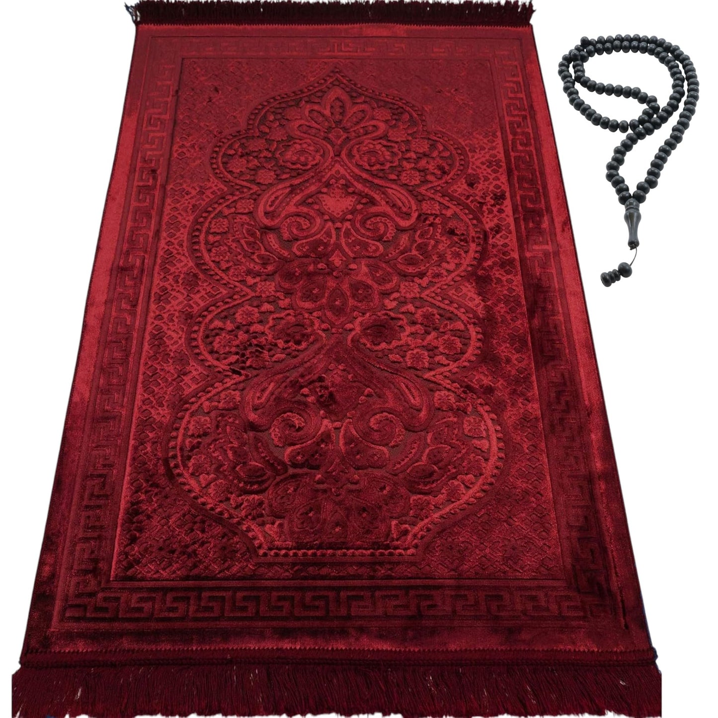 Modefa Luxury Velvet Prayer Rug with Prayer Beads | Soft Elegant Muslim Turkish Janamaz Sajada Carpet for Men and Women | Plain Solid Prayer Mat Ramadan Eid Gift - Paisley (Red)